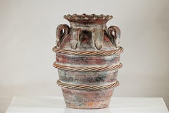 Vintage Thai Water Jar with Ropework Decoration, Scalloped Rim and Loop Handles