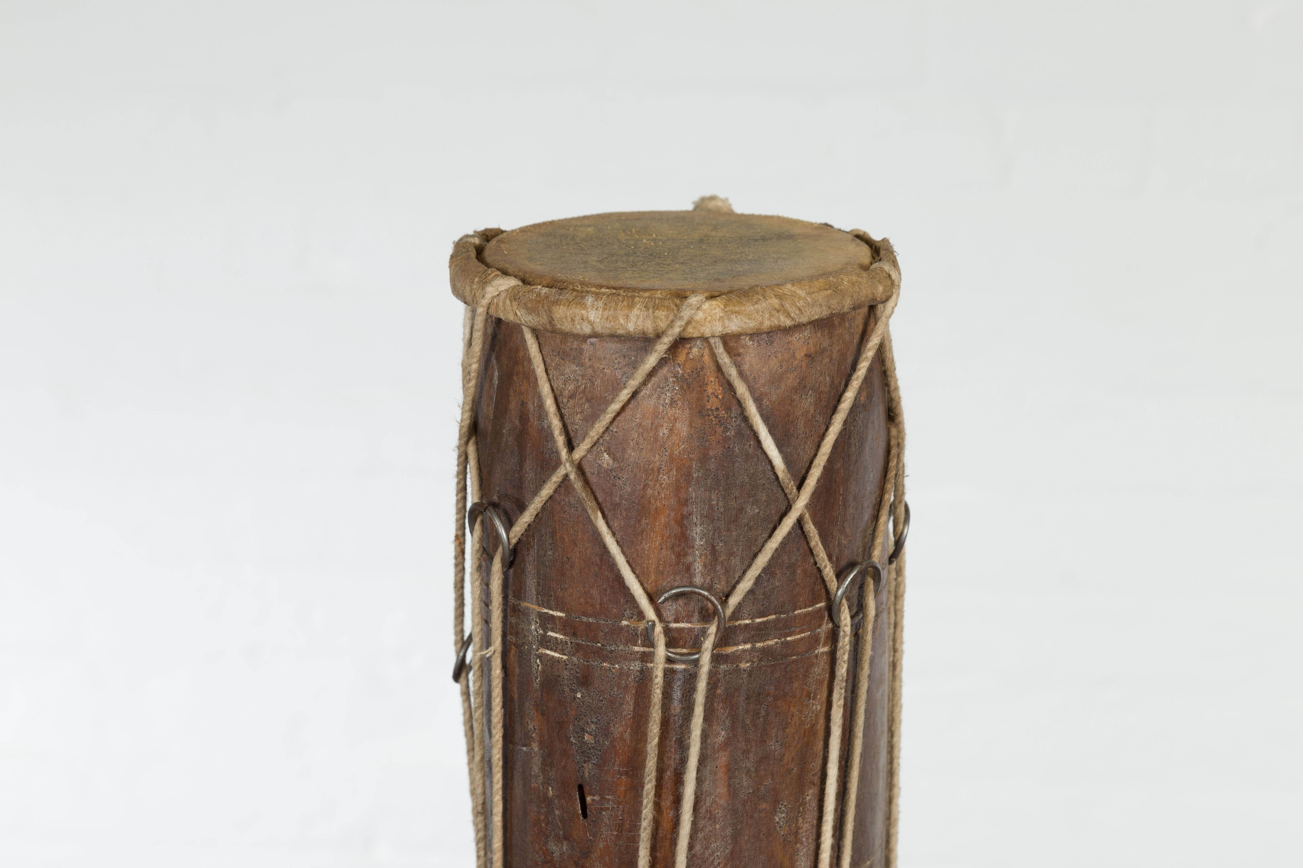 Rustic Vintage Thai Wood, Leather and Rope Klong Khaek Processional Double Headed Drum For Sale