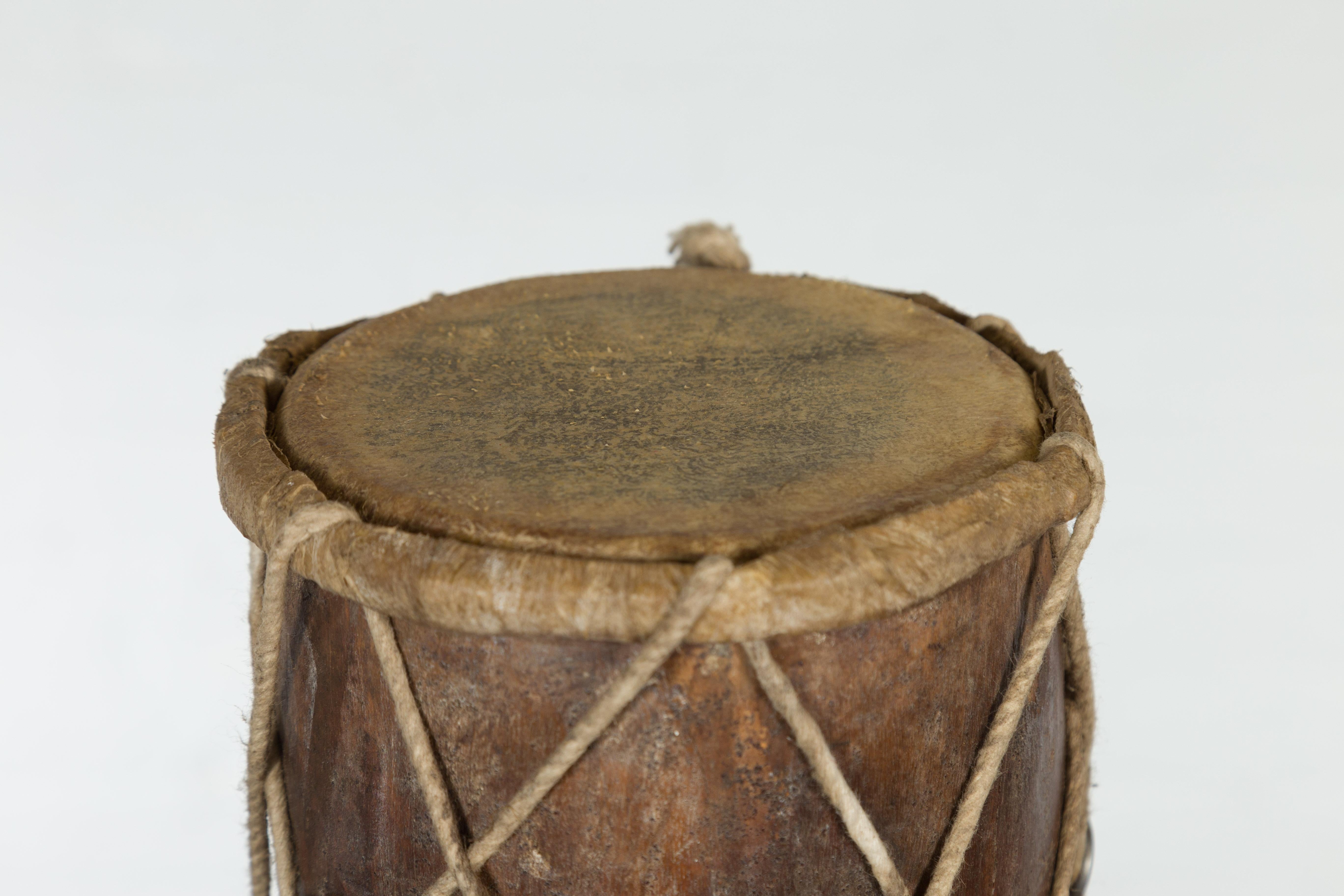 Vintage Thai Wood, Leather and Rope Klong Khaek Processional Double Headed Drum For Sale 1