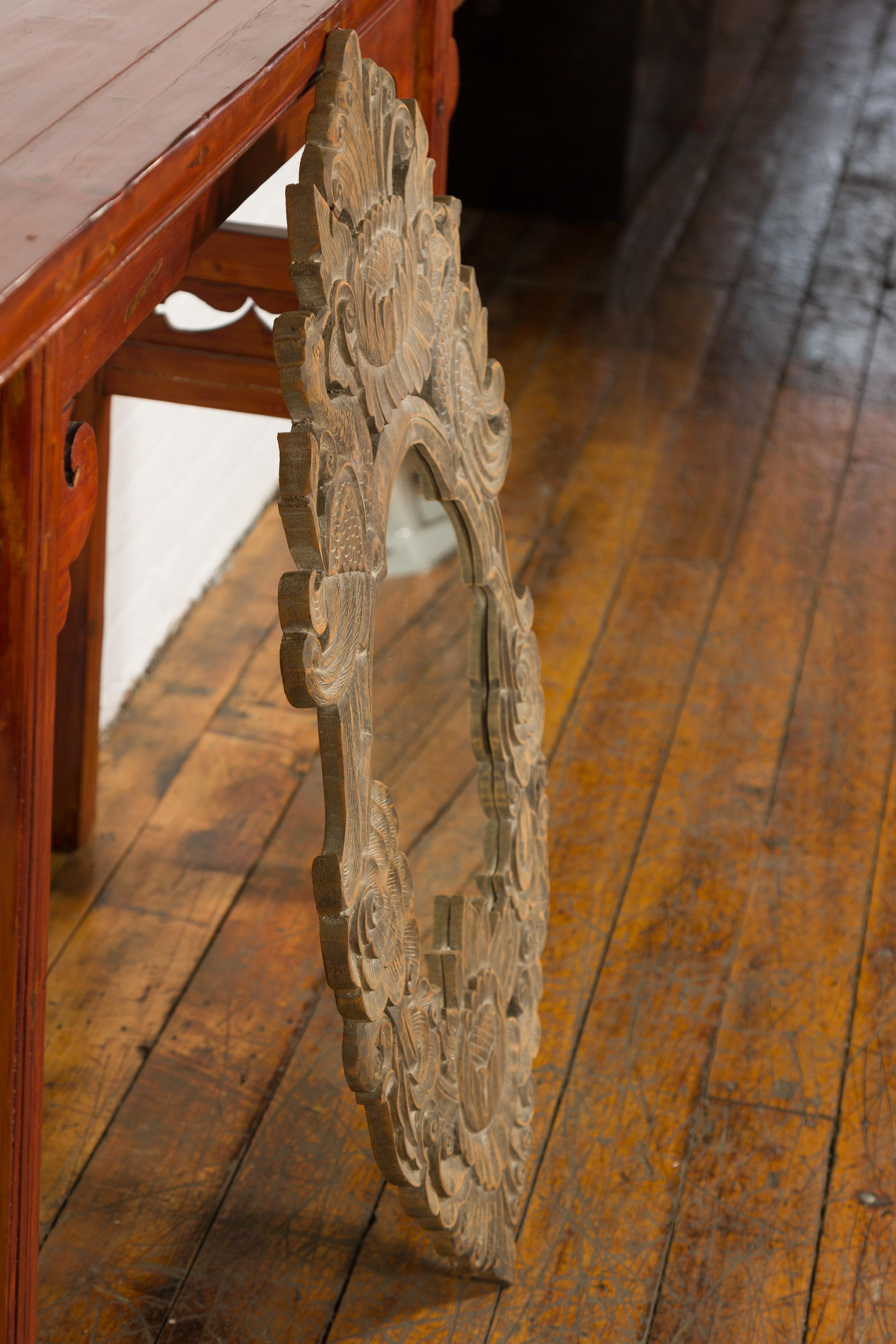 Vintage Thai Wooden Mirror with Carved Bird, Foliage and Flower Motifs For Sale 7