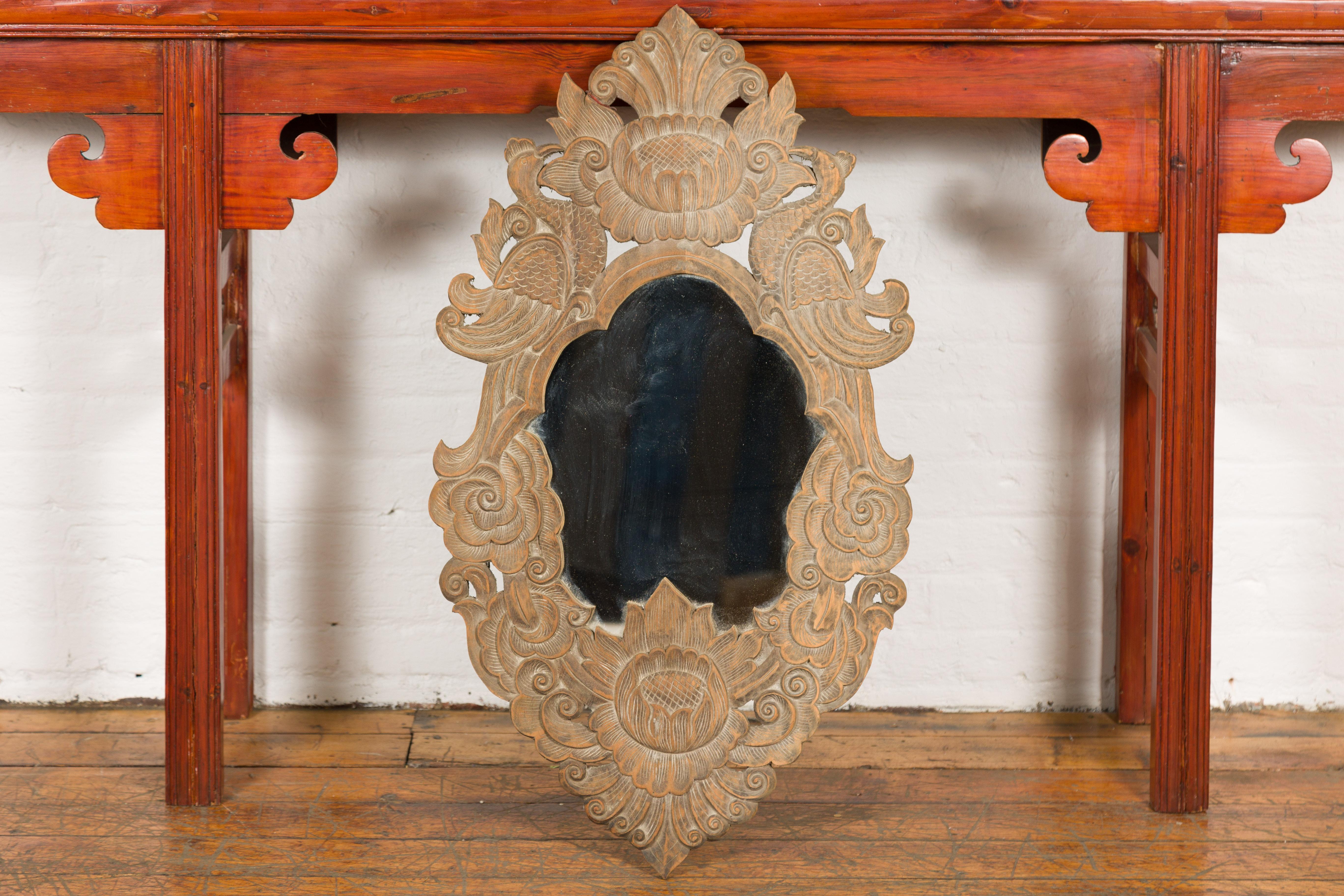 Vintage Thai Wooden Mirror with Carved Bird, Foliage and Flower Motifs In Good Condition For Sale In Yonkers, NY