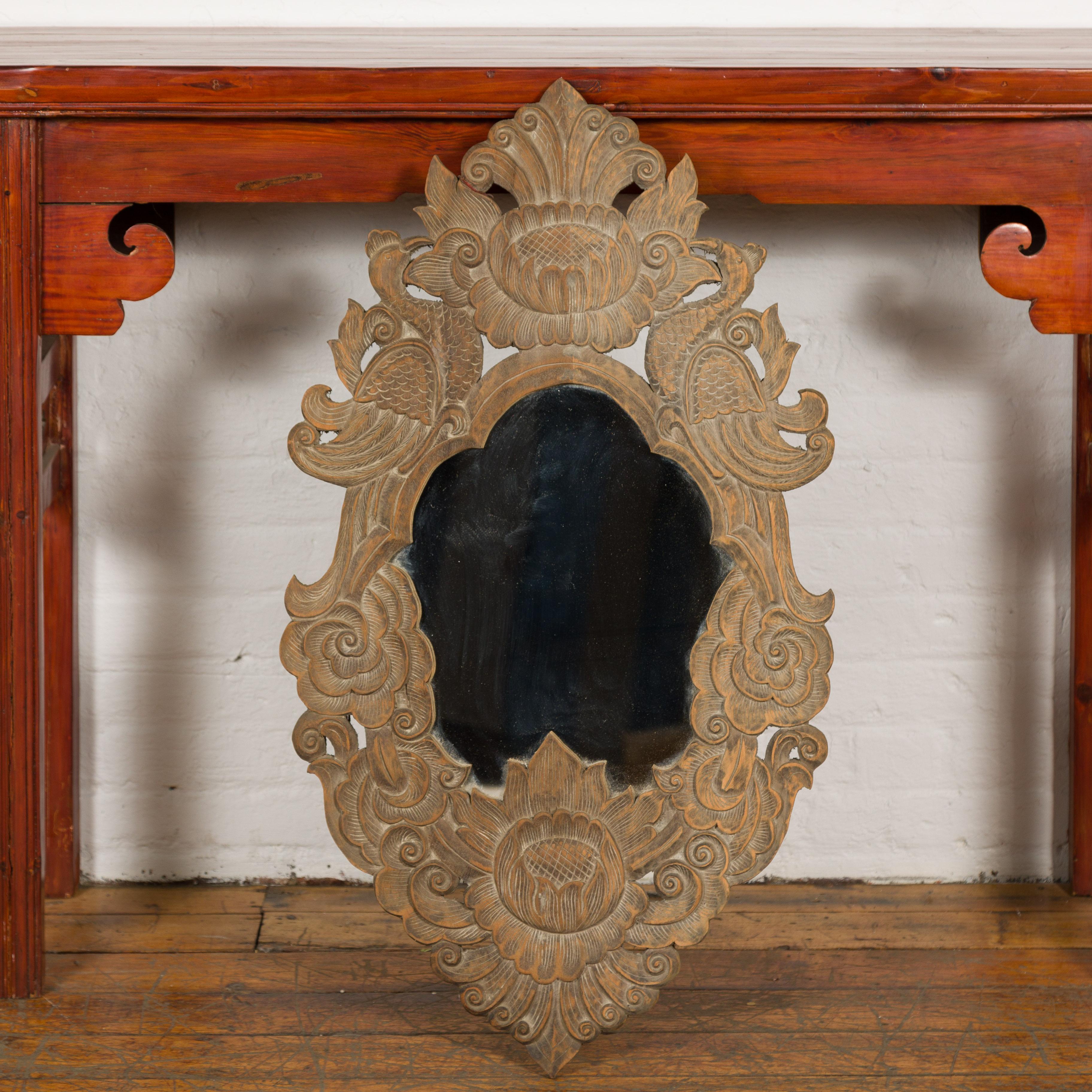 20th Century Vintage Thai Wooden Mirror with Carved Bird, Foliage and Flower Motifs For Sale