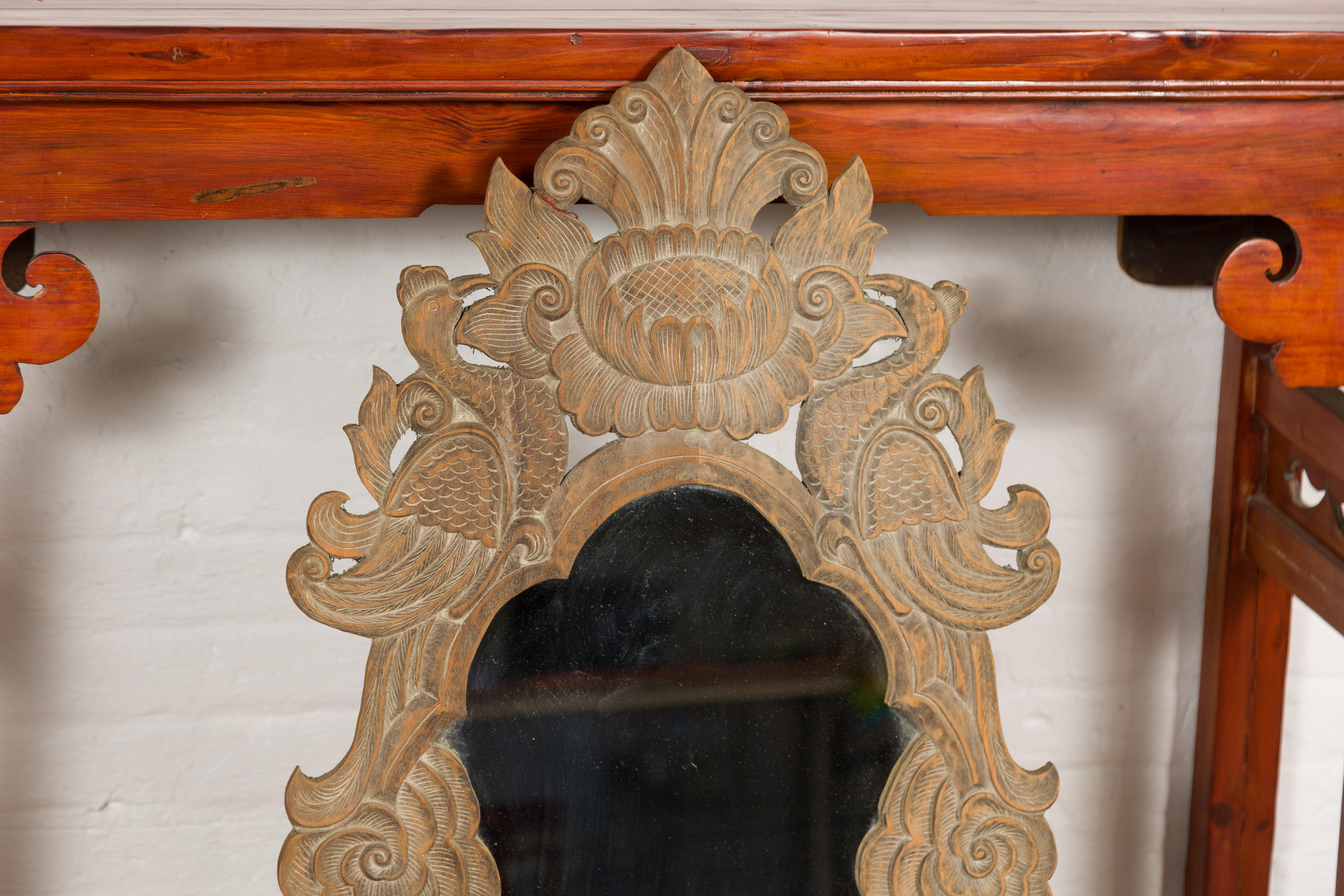 Vintage Thai Wooden Mirror with Carved Bird, Foliage and Flower Motifs For Sale 2