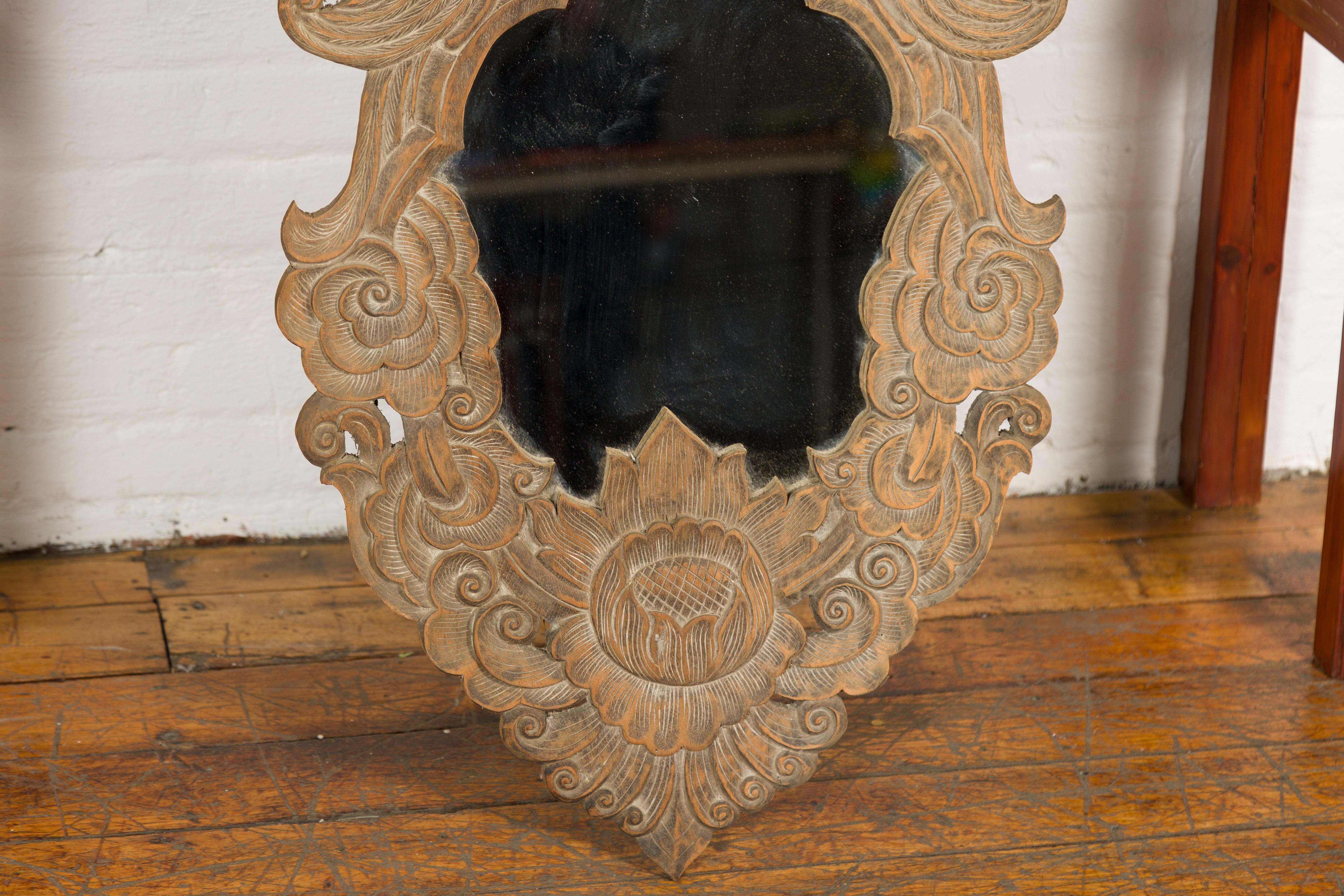 Vintage Thai Wooden Mirror with Carved Bird, Foliage and Flower Motifs For Sale 3