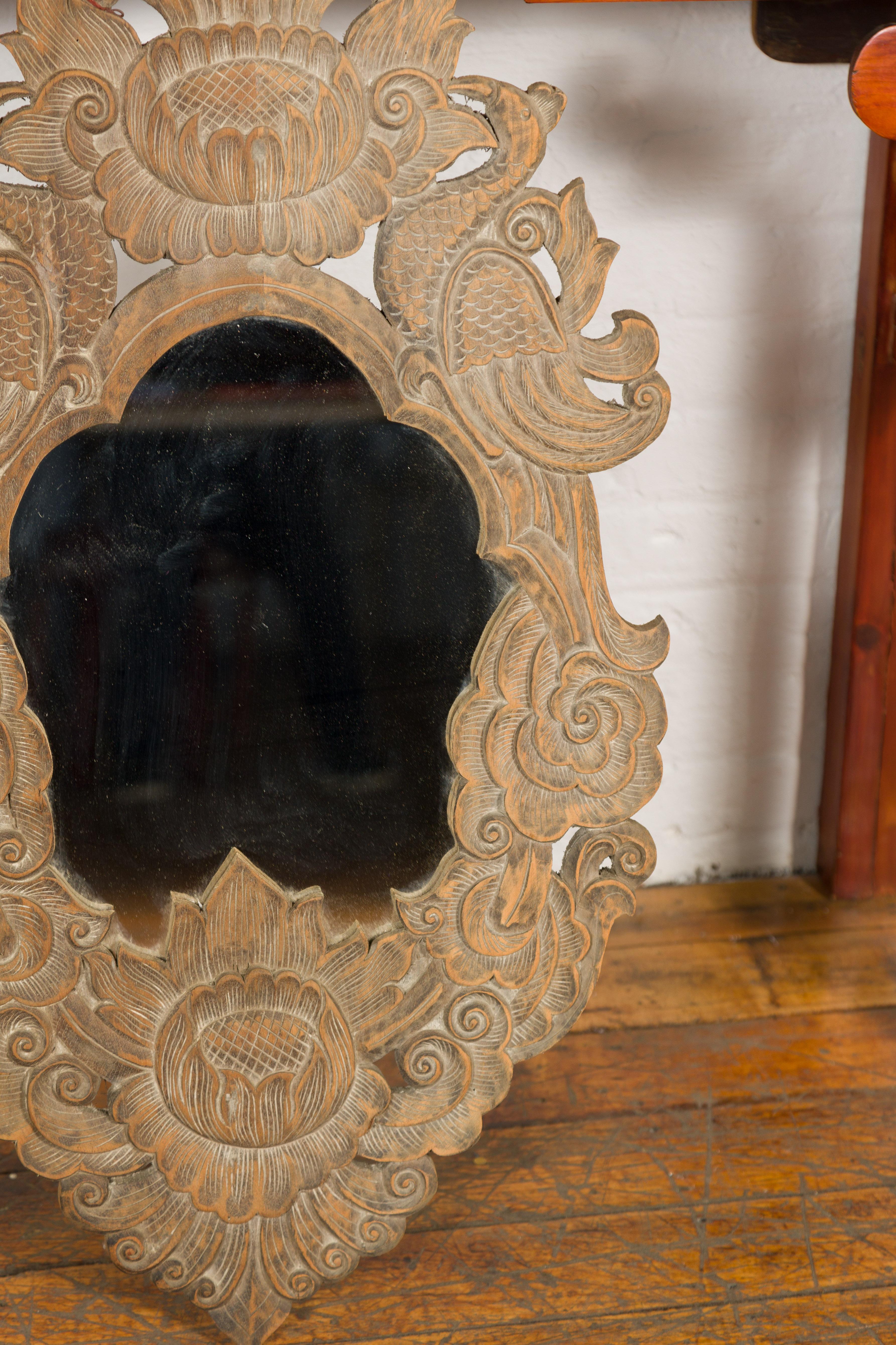 Vintage Thai Wooden Mirror with Carved Bird, Foliage and Flower Motifs For Sale 4