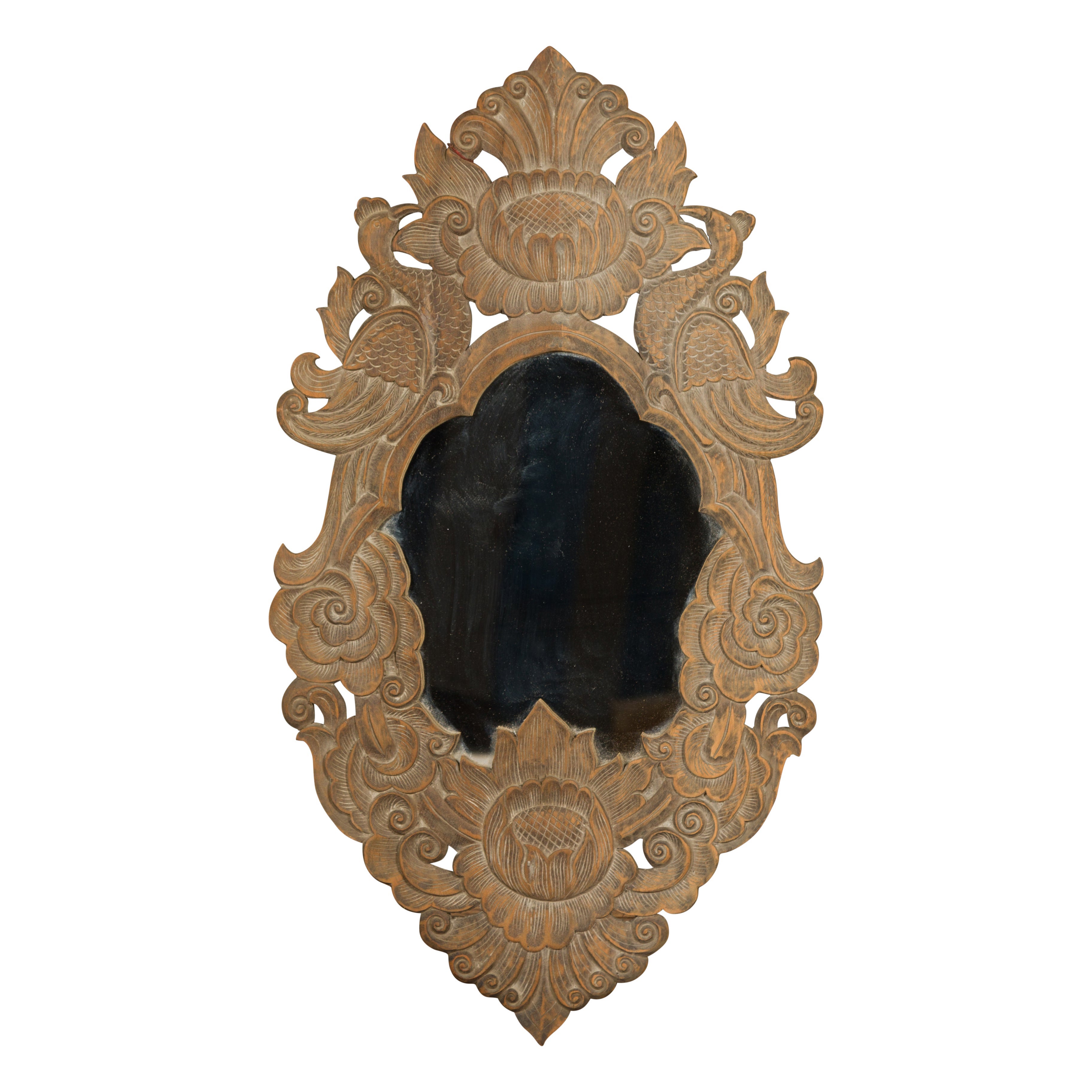 Specchio thailandese vintage in legno con motivi di uccelli, foglie e fiori intagliati in vendita