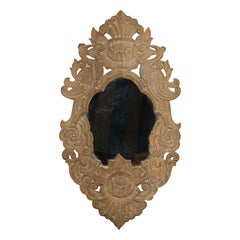 Specchio thailandese vintage in legno con motivi di uccelli, foglie e fiori intagliati