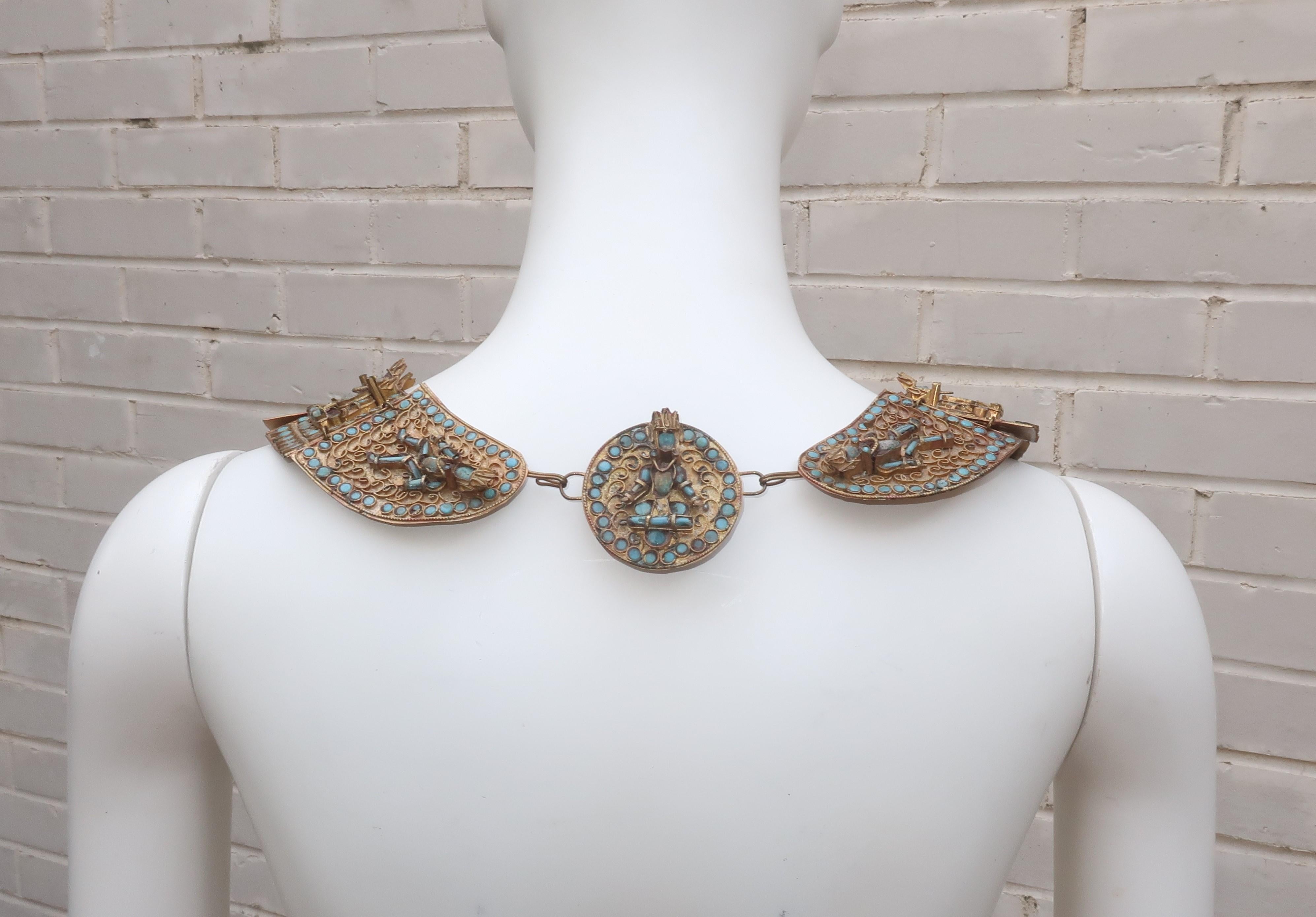 Vintage Thailand Collar Bib Necklace With Turquoise Glass Beads 3