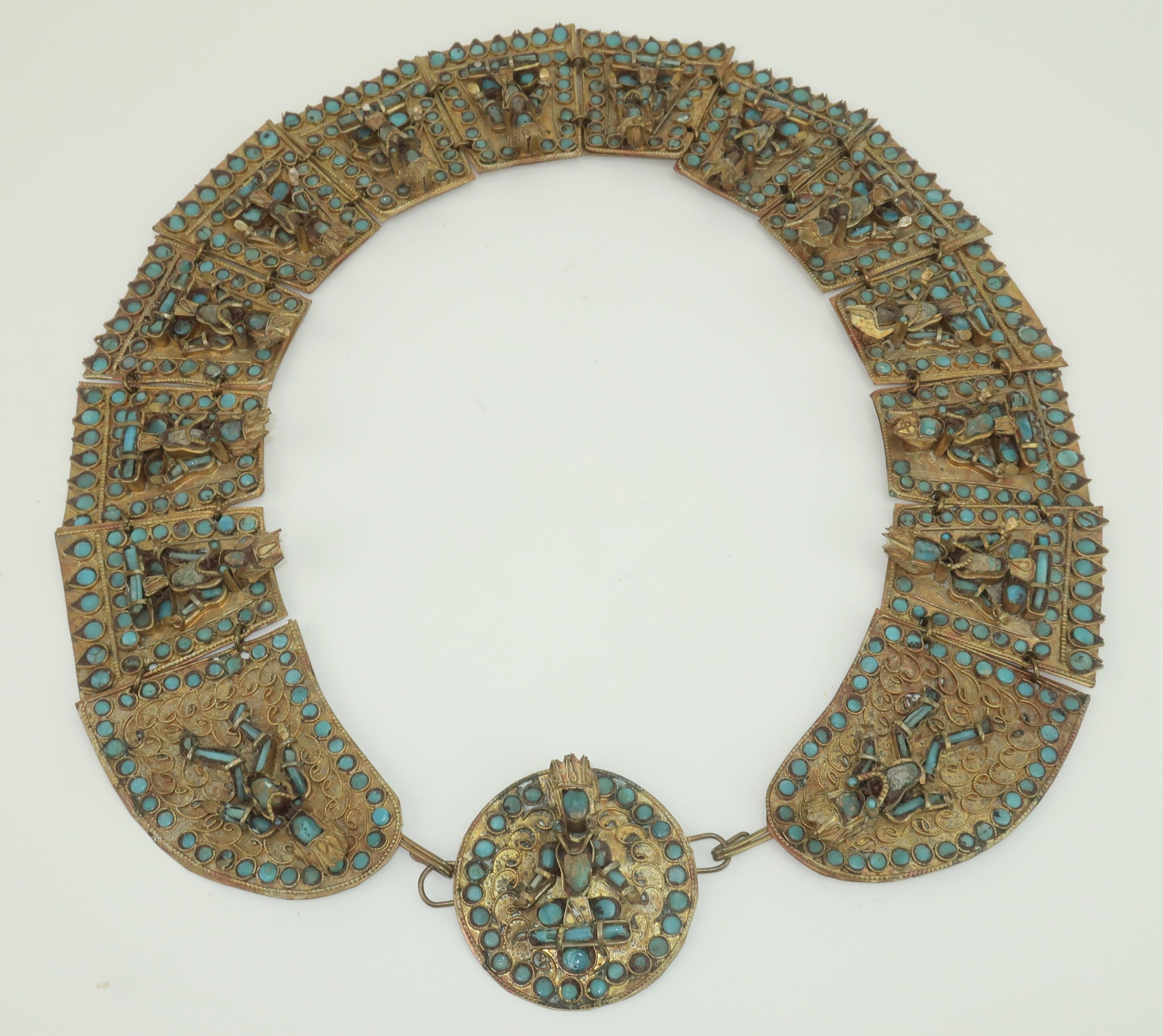 Artisan Vintage Thailand Collar Bib Necklace With Turquoise Glass Beads