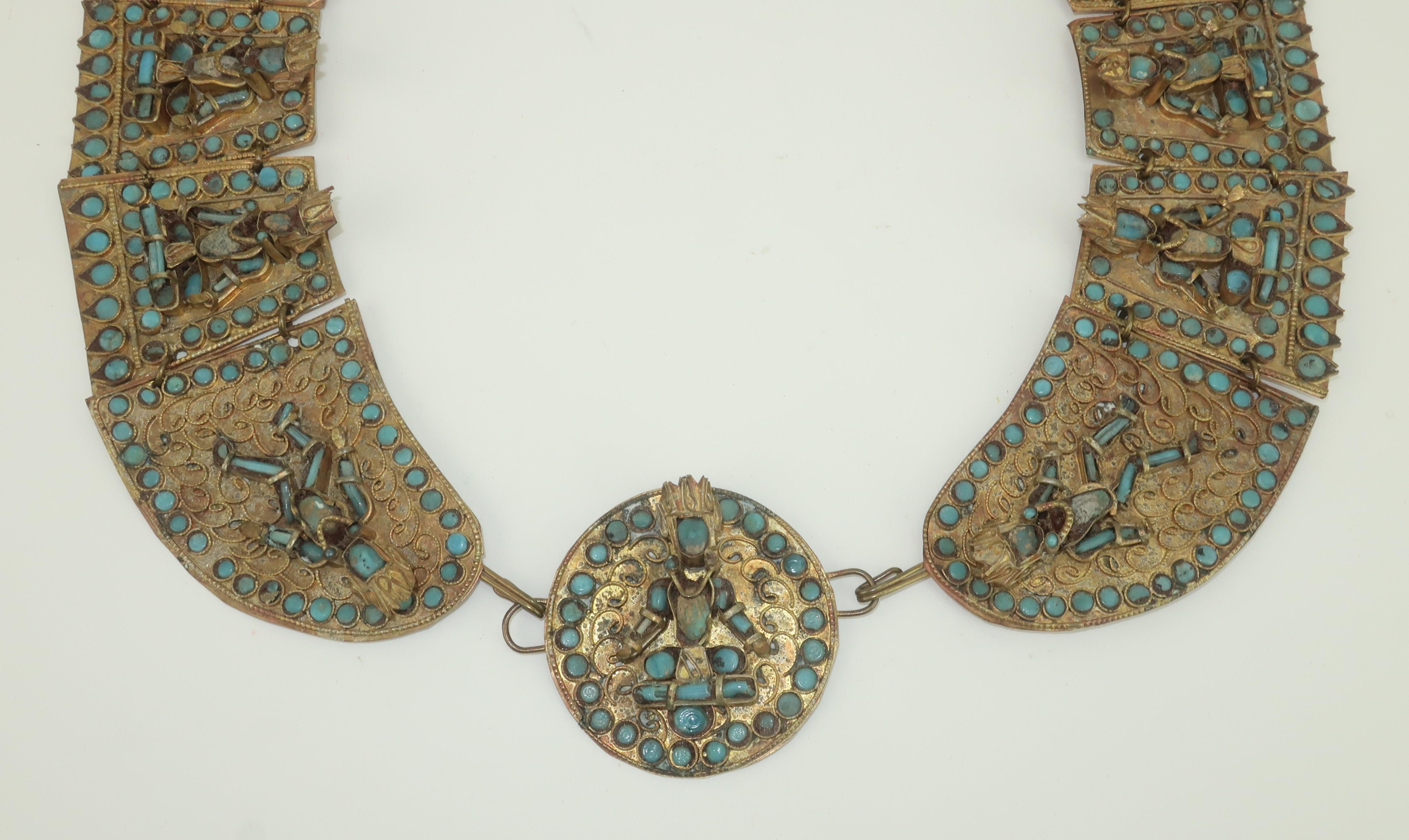 Vintage Thailand Collar Bib Necklace With Turquoise Glass Beads In Good Condition In Atlanta, GA