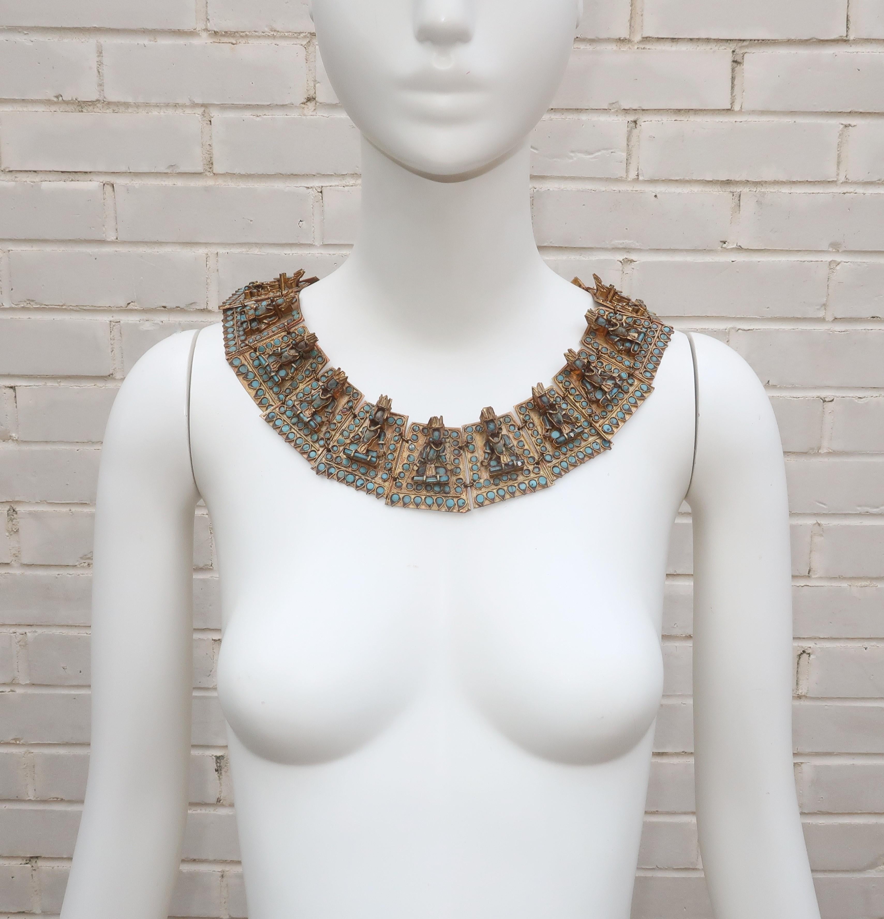 Vintage Thailand Collar Bib Necklace With Turquoise Glass Beads 2