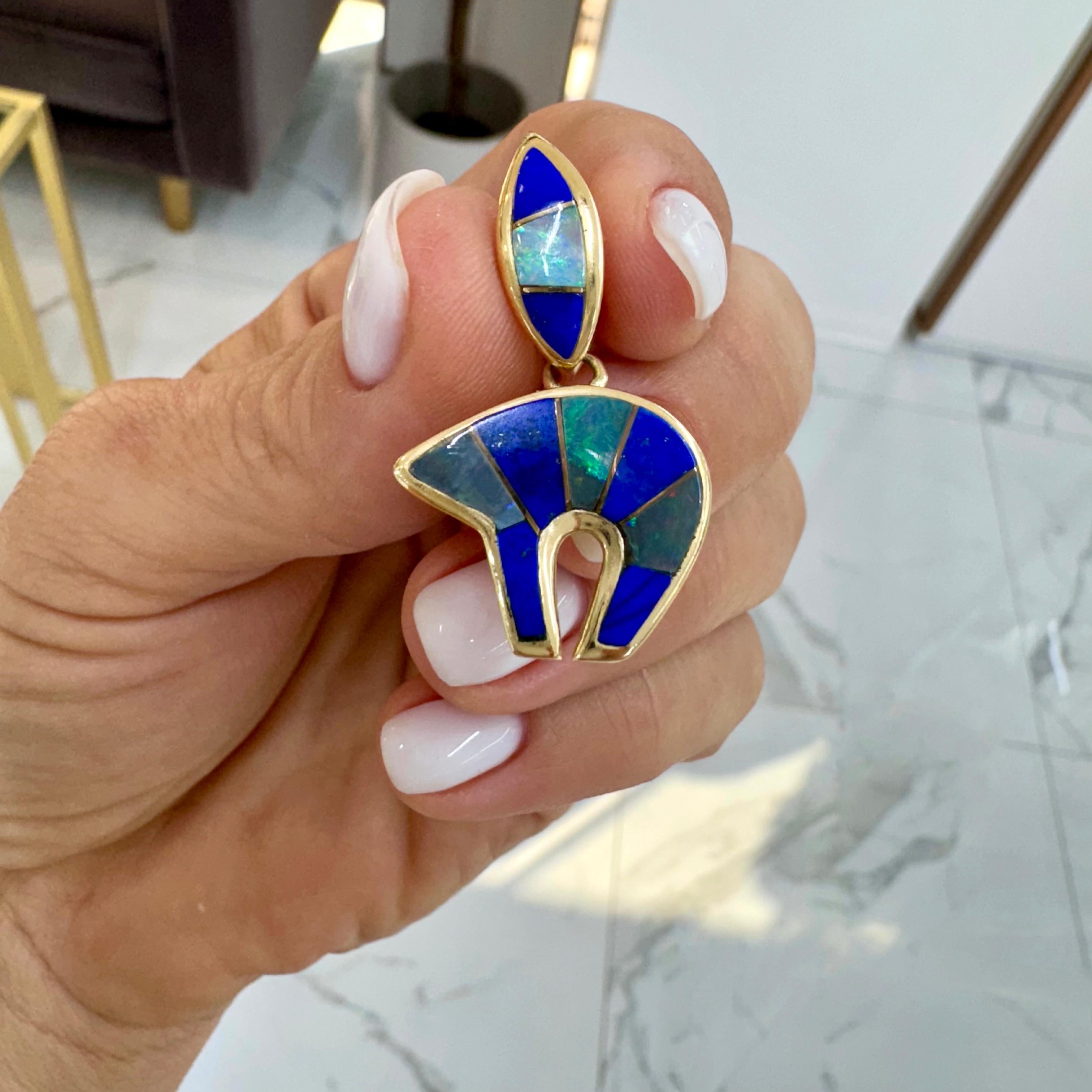 Thane Deleon 14K Gelbgold Opal & Lapislazuli Lazuli Bär Talisman Anhänger, Vintage Damen