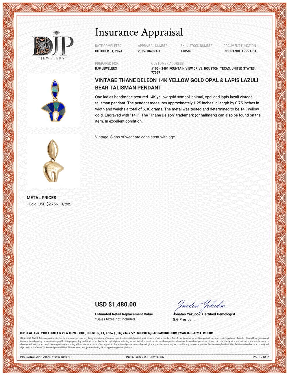 Thane Deleon 14K Gelbgold Opal & Lapislazuli Lazuli Bär Talisman Anhänger, Vintage 1