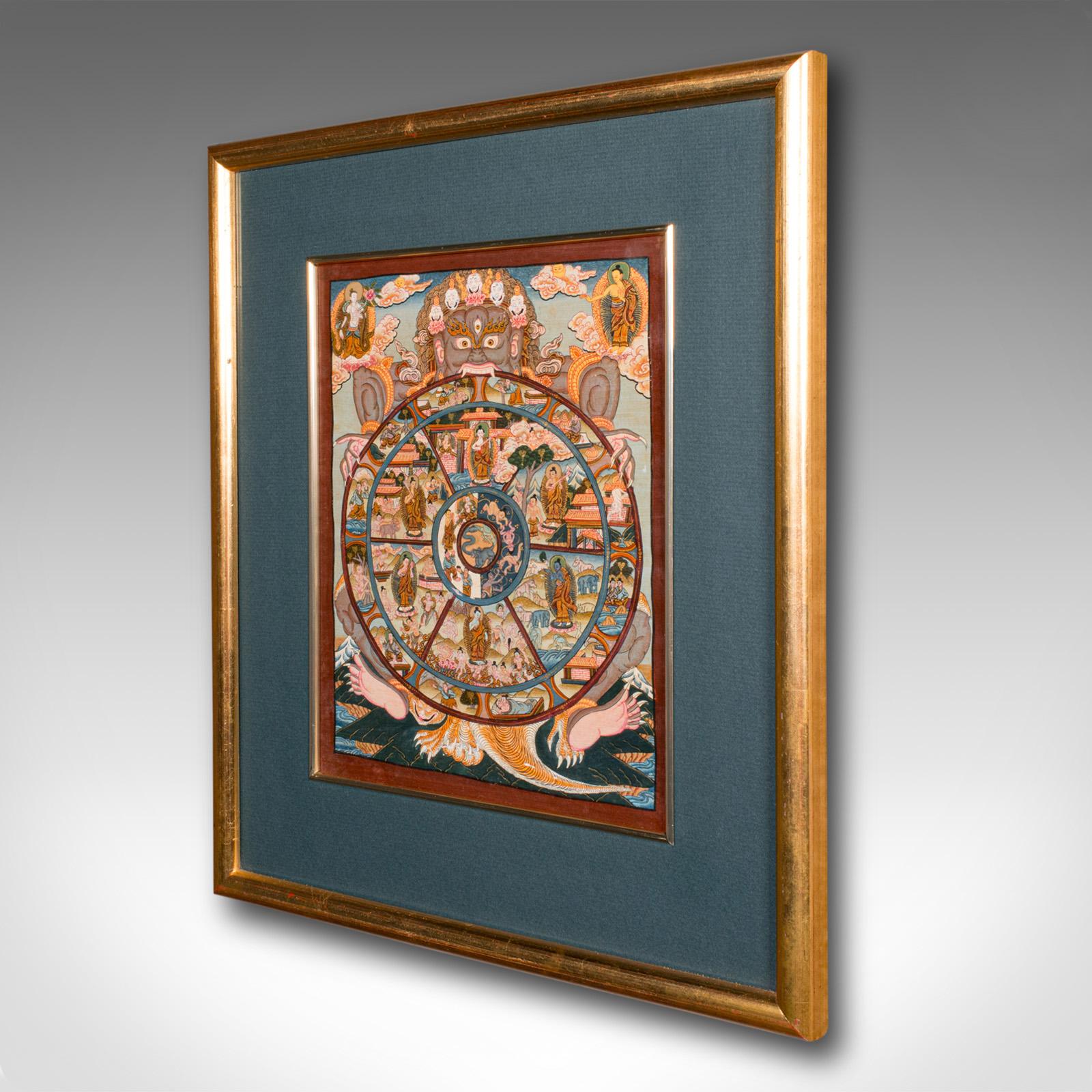 Mid-Century Modern Vintage Thangka Wheel Of Life Painting, Indian, Handpainted Linen, Buddhism