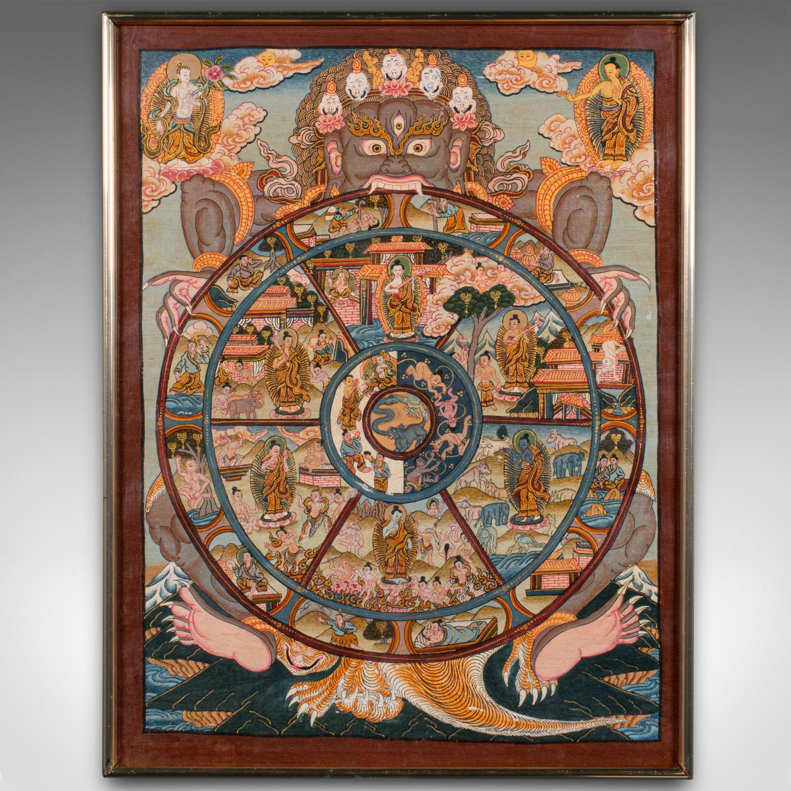 Vintage Thangka Wheel Of Life Painting, Indian, Handpainted Linen, Buddhism In Good Condition In Hele, Devon, GB