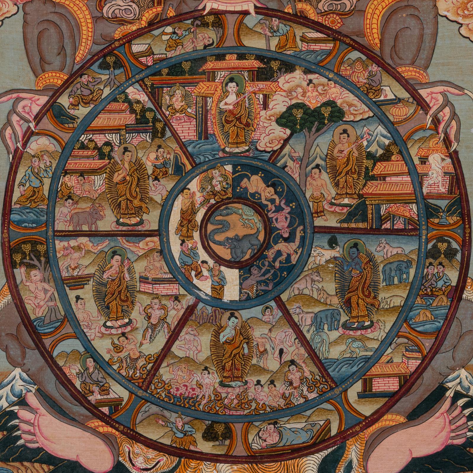 20th Century Vintage Thangka Wheel Of Life Painting, Indian, Handpainted Linen, Buddhism