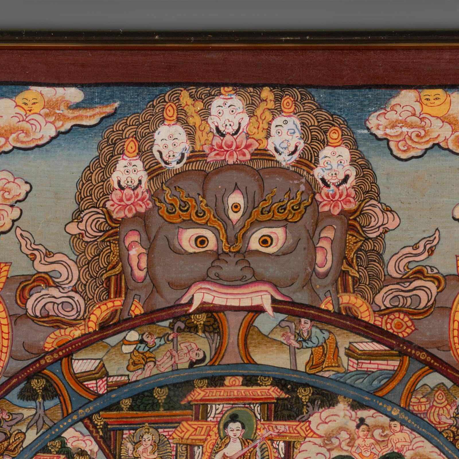 Vintage Thangka Wheel Of Life Painting, Indian, Handpainted Linen, Buddhism 1
