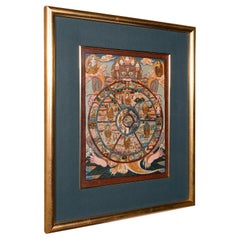 Vintage Thangka Wheel Of Life Painting, Indian, Handpainted Linen, Buddhism