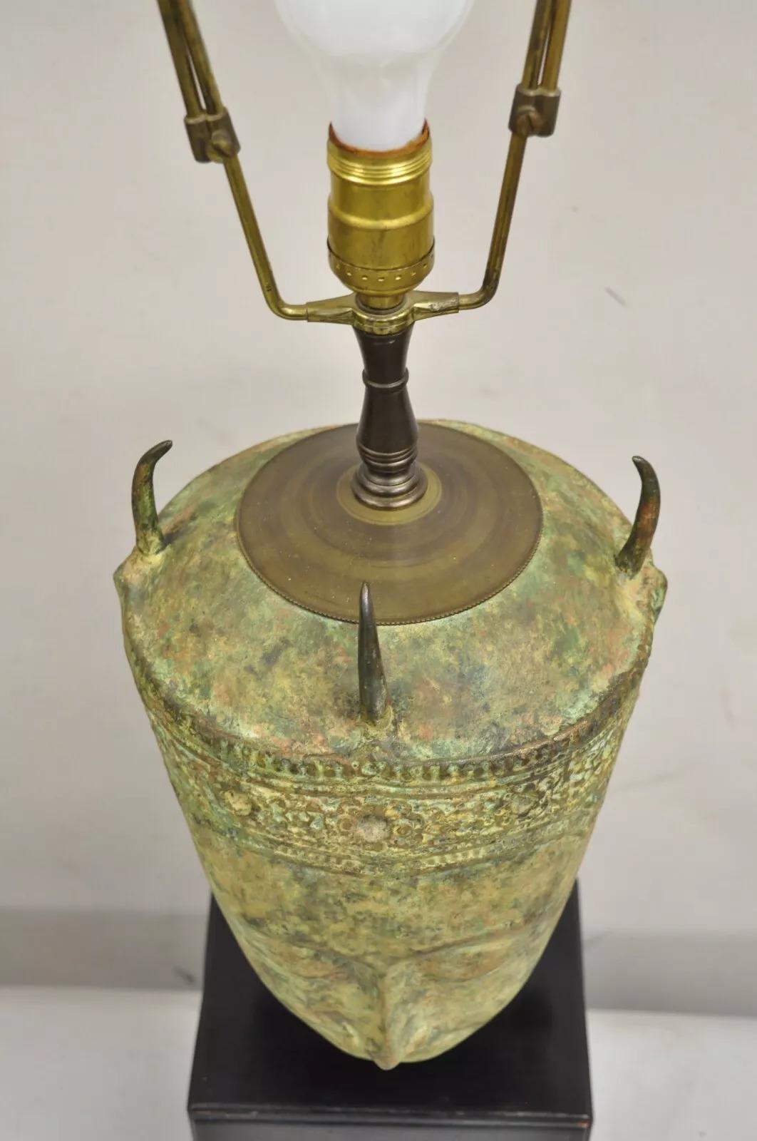 Vintage Thanh Le Vietnam Verdigris Bronze Siamese Buddha Bust Head Table Lamp For Sale 5