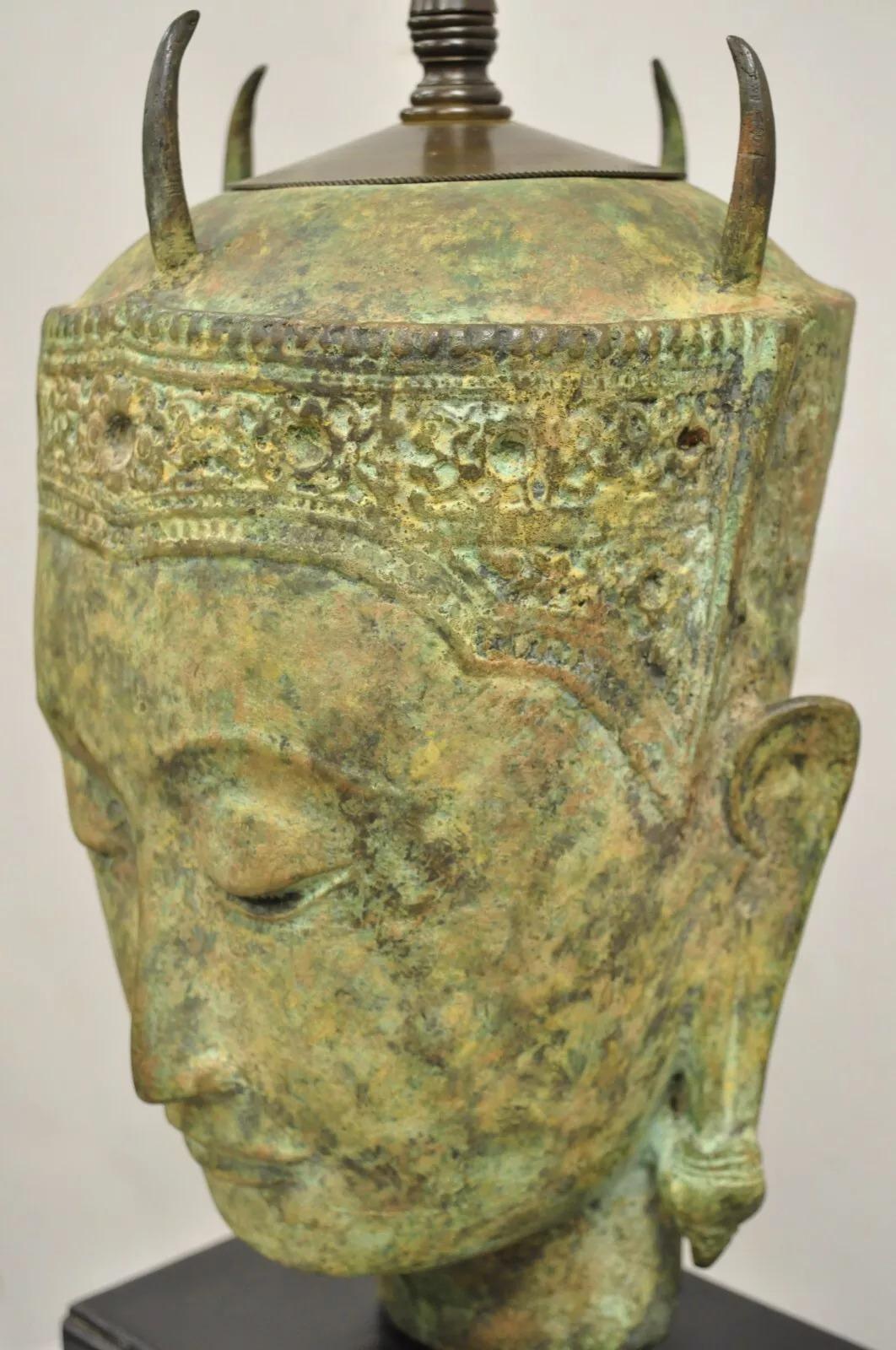 Vintage Thanh Le Vietnam Verdigris Bronze Siamese Buddha Bust Head Table Lamp For Sale 6