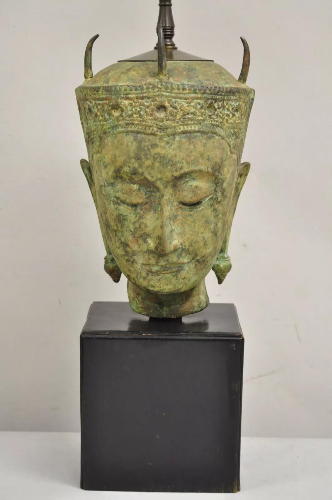 Chinoiserie Vintage Thanh Le Vietnam Verdigris Bronze Siamese Buddha Bust Head Table Lamp For Sale