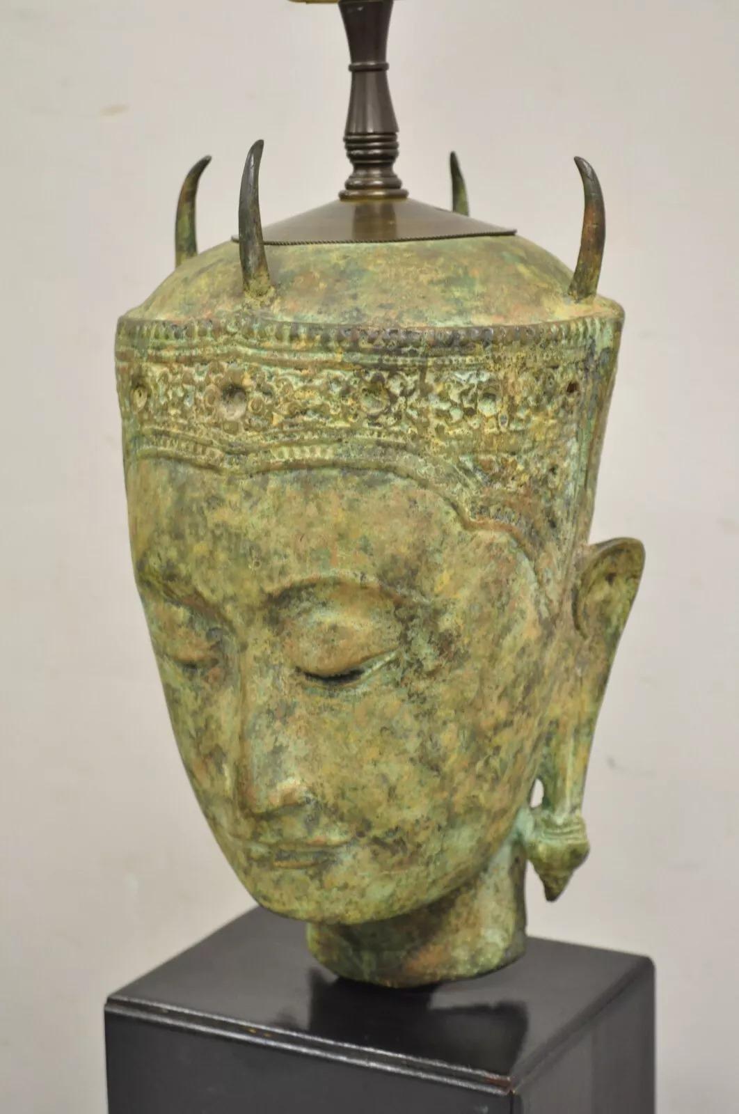 Unknown Vintage Thanh Le Vietnam Verdigris Bronze Siamese Buddha Bust Head Table Lamp For Sale