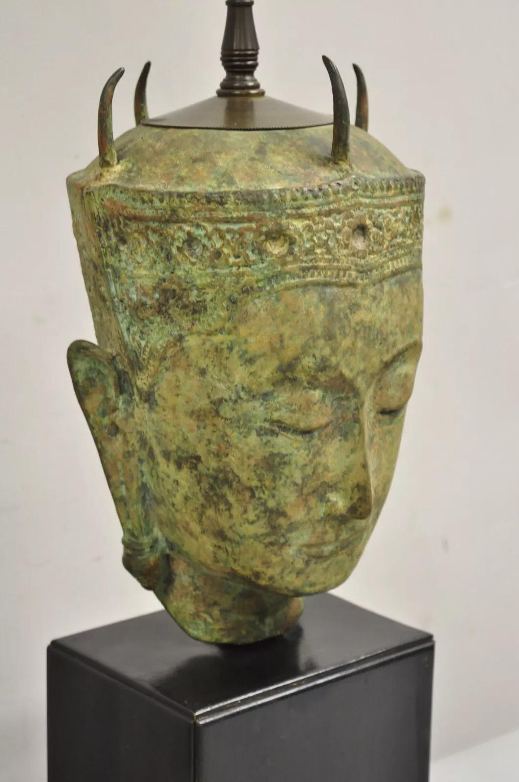 Metal Vintage Thanh Le Vietnam Verdigris Bronze Siamese Buddha Bust Head Table Lamp For Sale