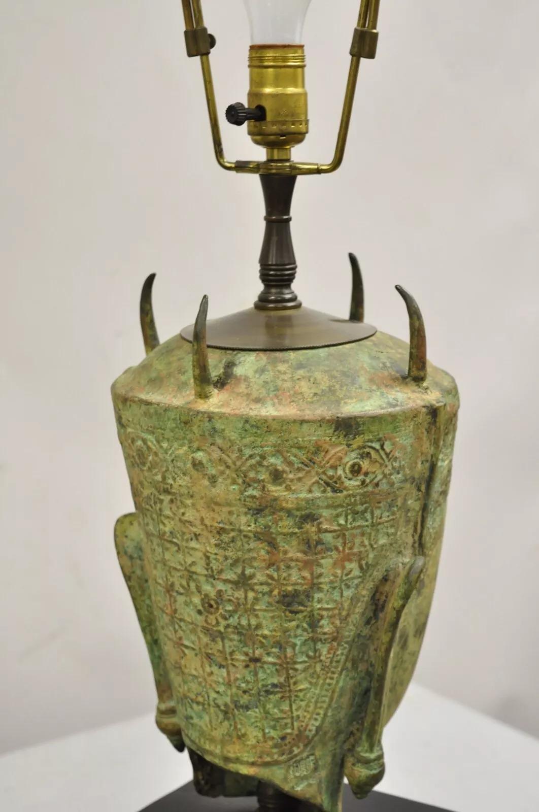 Vintage Thanh Le Vietnam Verdigris Bronze Siamese Buddha Bust Head Table Lamp For Sale 2