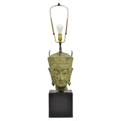 Vintage Thanh Le Vietnam Verdigris Bronze Siamese Buddha Bust Head Table Lamp