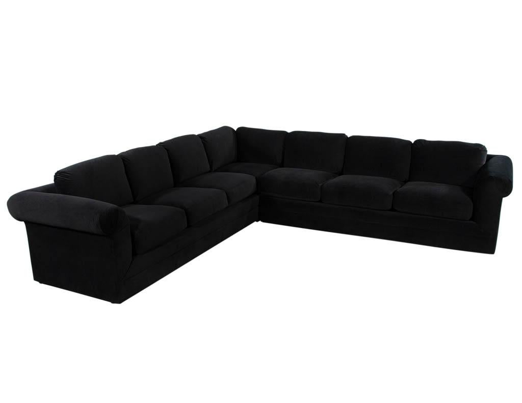 Vintage Thayer Coggin directional black velvet sectional sofa. Masterfully restored by the artisans at Carrocel in a luxurious black velvet material with down envelope filled pillows. Sectional sofa is composed of 2 pieces that measure 126