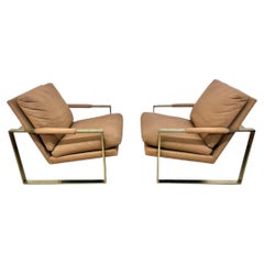 Vintage Thayer Coggin Flat Bar Brass Arm Chairs - Set of 2