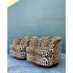 Vintage Thayer Coggin Tufted Leopard Velvet Swivel Chairs - A Pair