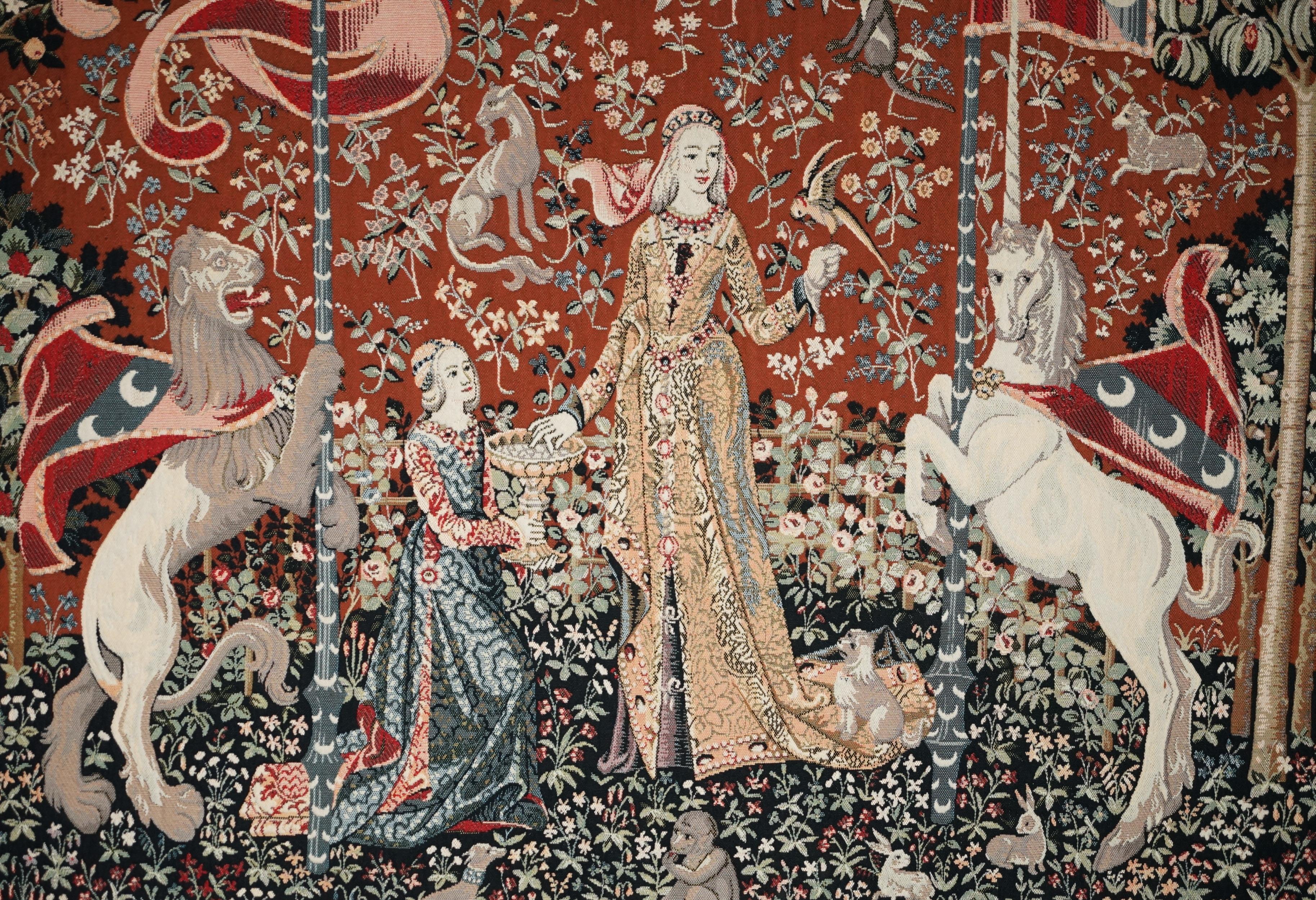 Edwardian ViNTAGE THE LADY AND THE UNICORN LARGE WALL HANGING WOVEN TAPESTRY 216CM X 189CM