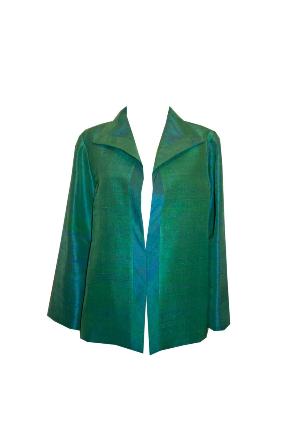 Vintage The Thai Shop Green and Blue Silk Jacket For Sale 2