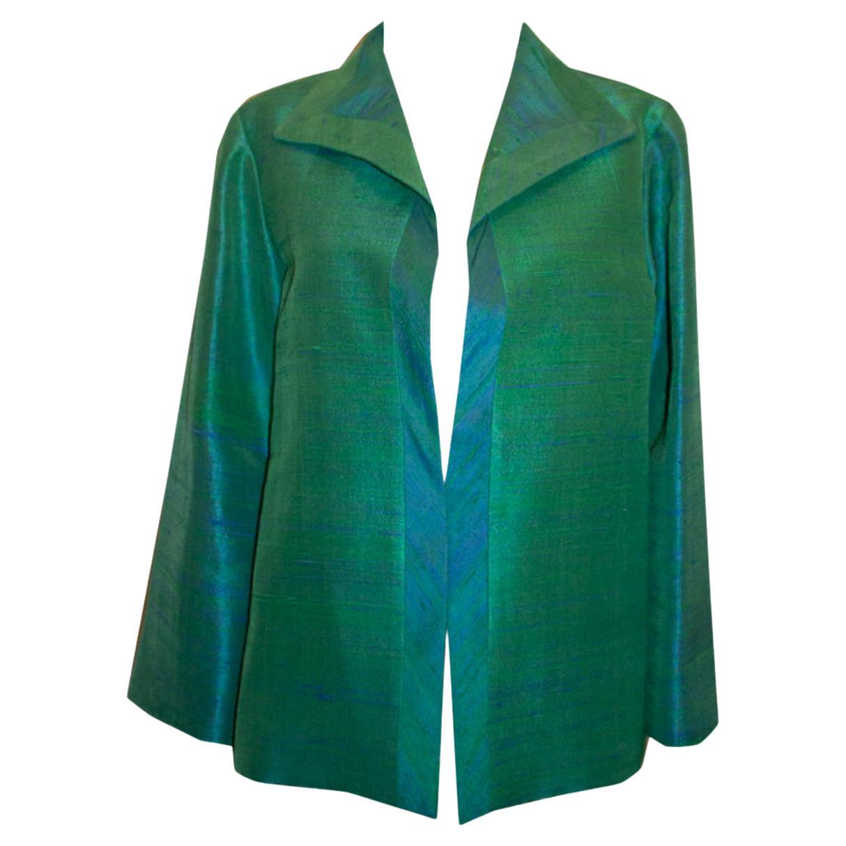 Vintage The Thai Shop Green and Blue Silk Jacket For Sale