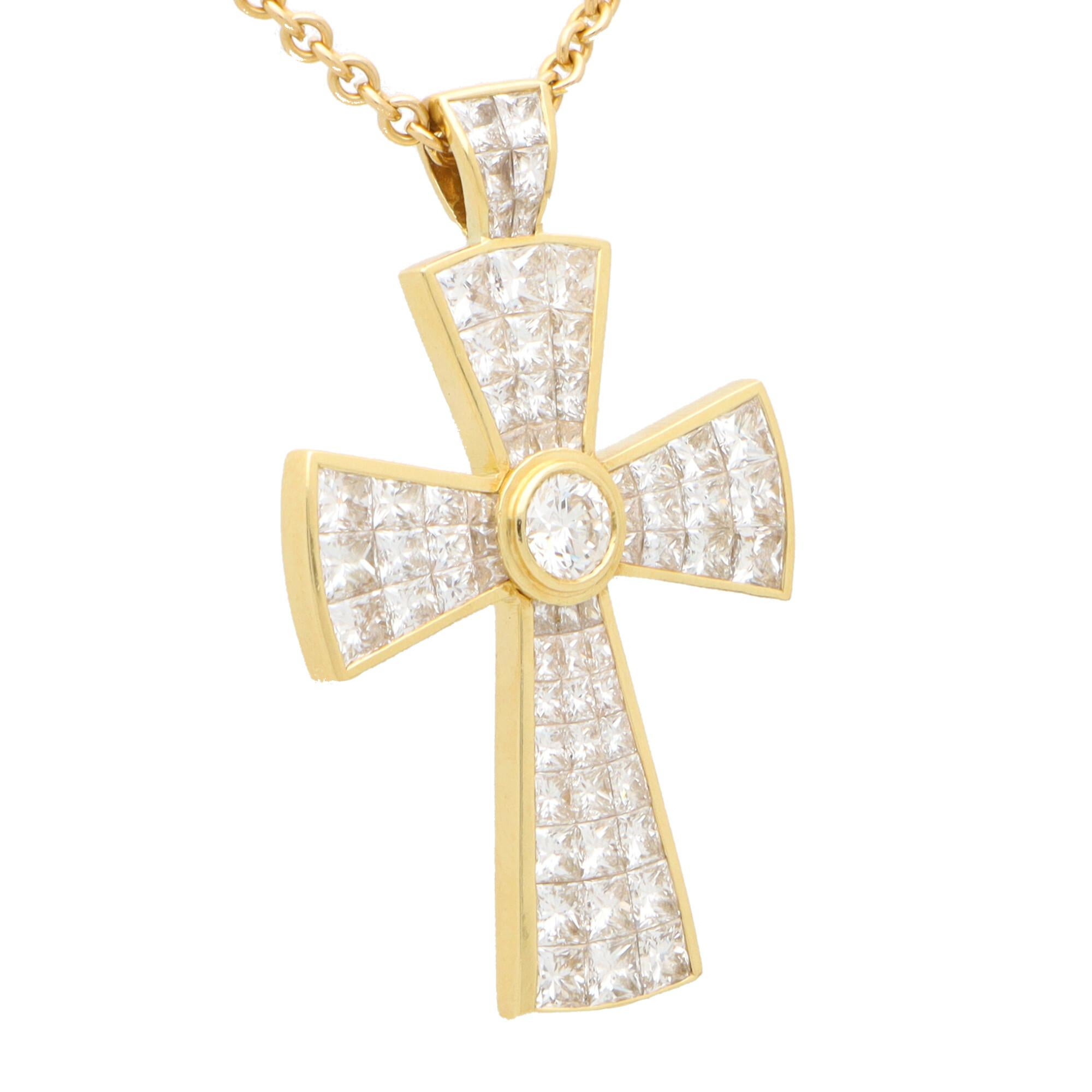 Round Cut Vintage Theo Fennell Diamond Cross Pendant Set in 18k Yellow Gold