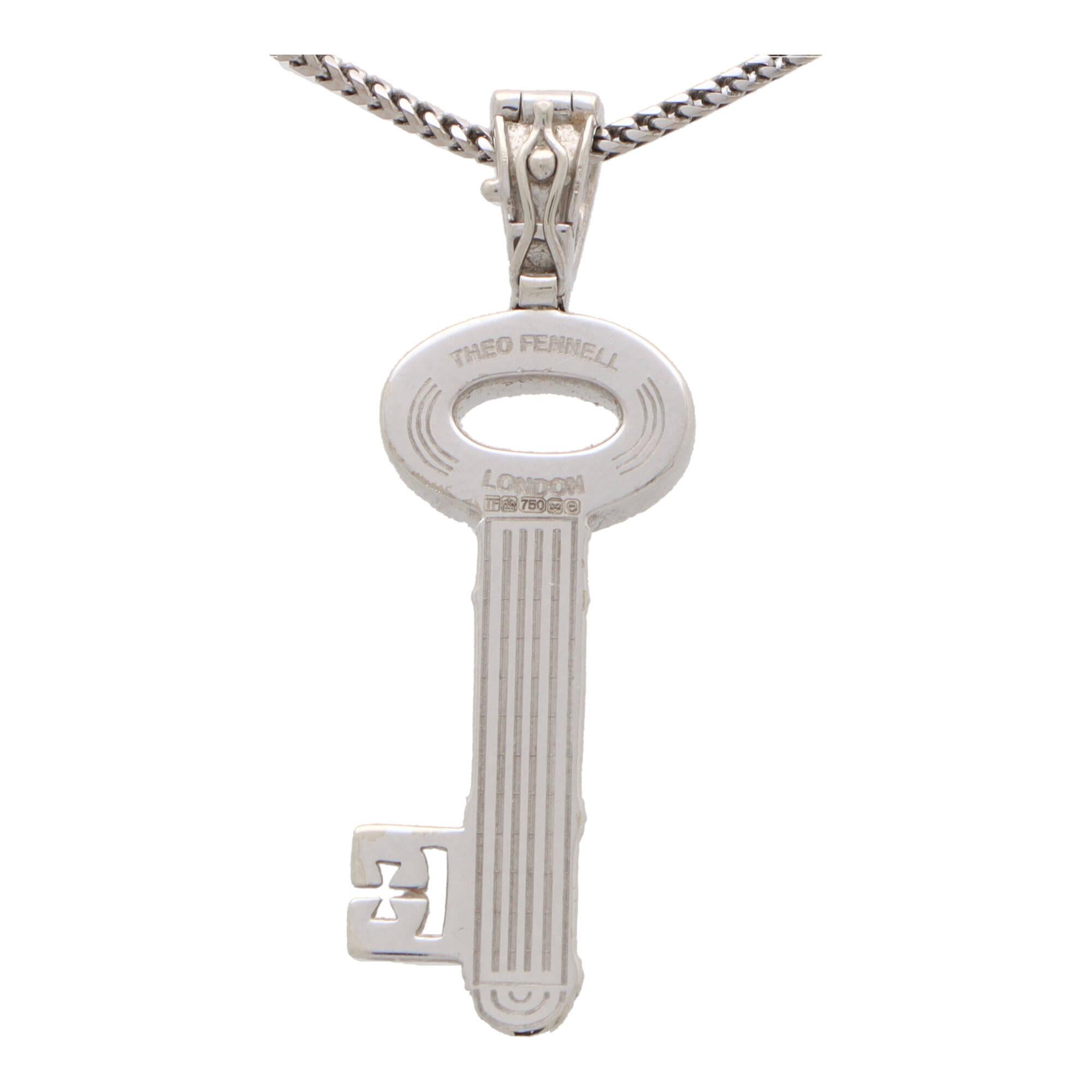 Round Cut  Vintage Theo Fennell Diamond Key Necklace Set in 18k White Gold For Sale