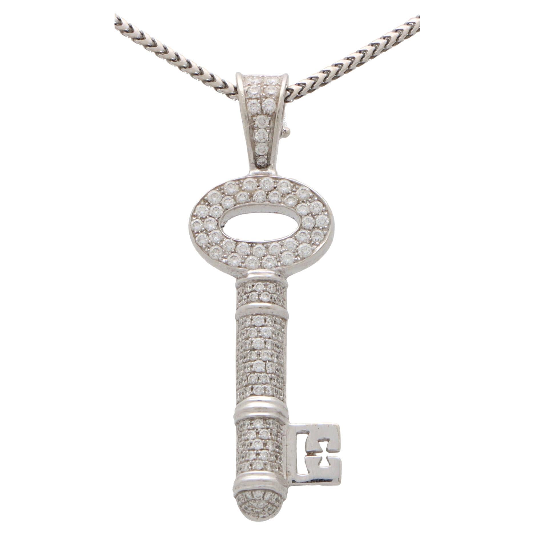  Vintage Theo Fennell Diamond Key Necklace Set in 18k White Gold For Sale