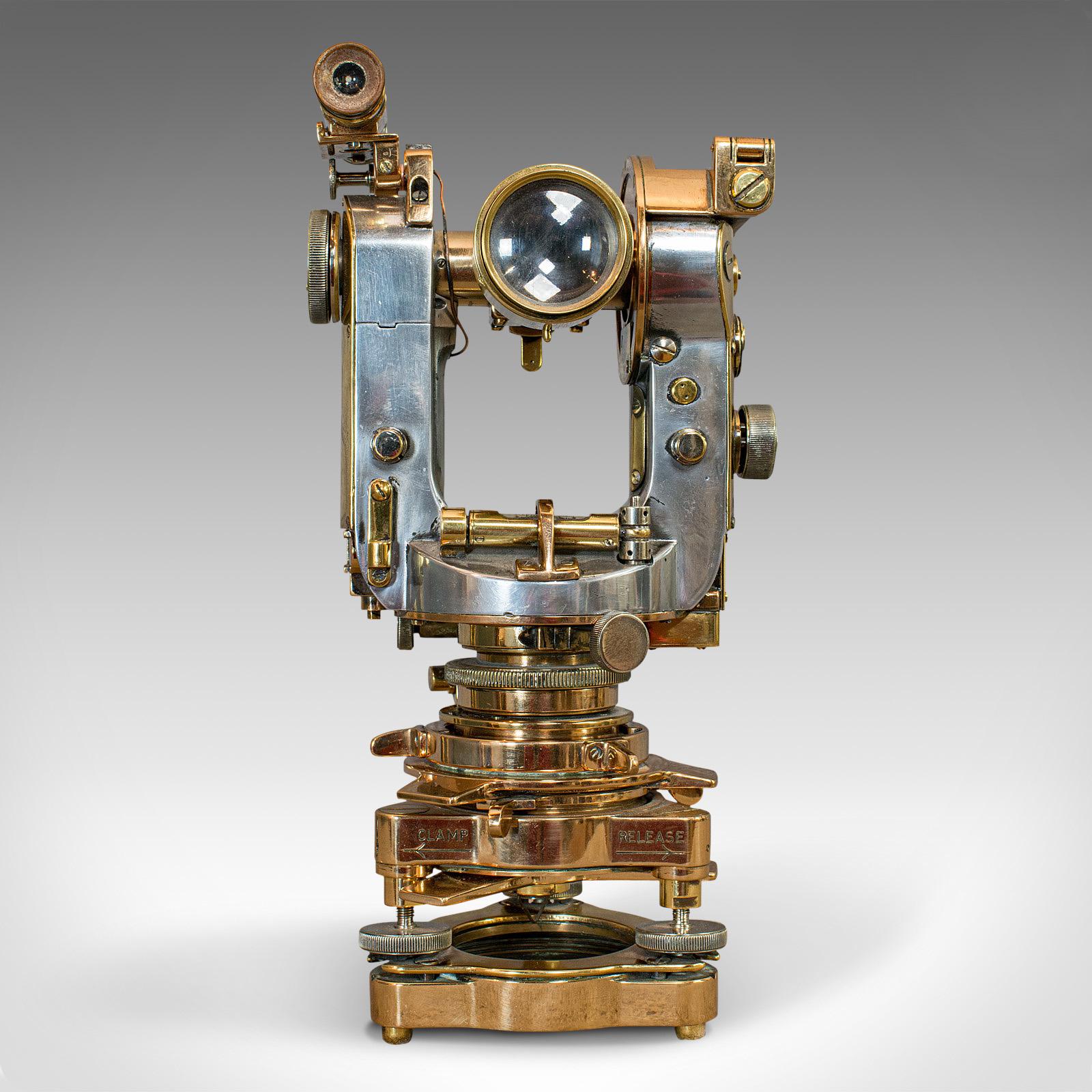 This is a vintage theodolite. An English, brass scientific instrument, by Cooke, Troughton and Simms, dating to the mid-20th century, circa 1950.

Stunning example of mid-century scientific instruments
Displays a desirable aged patina
Polished