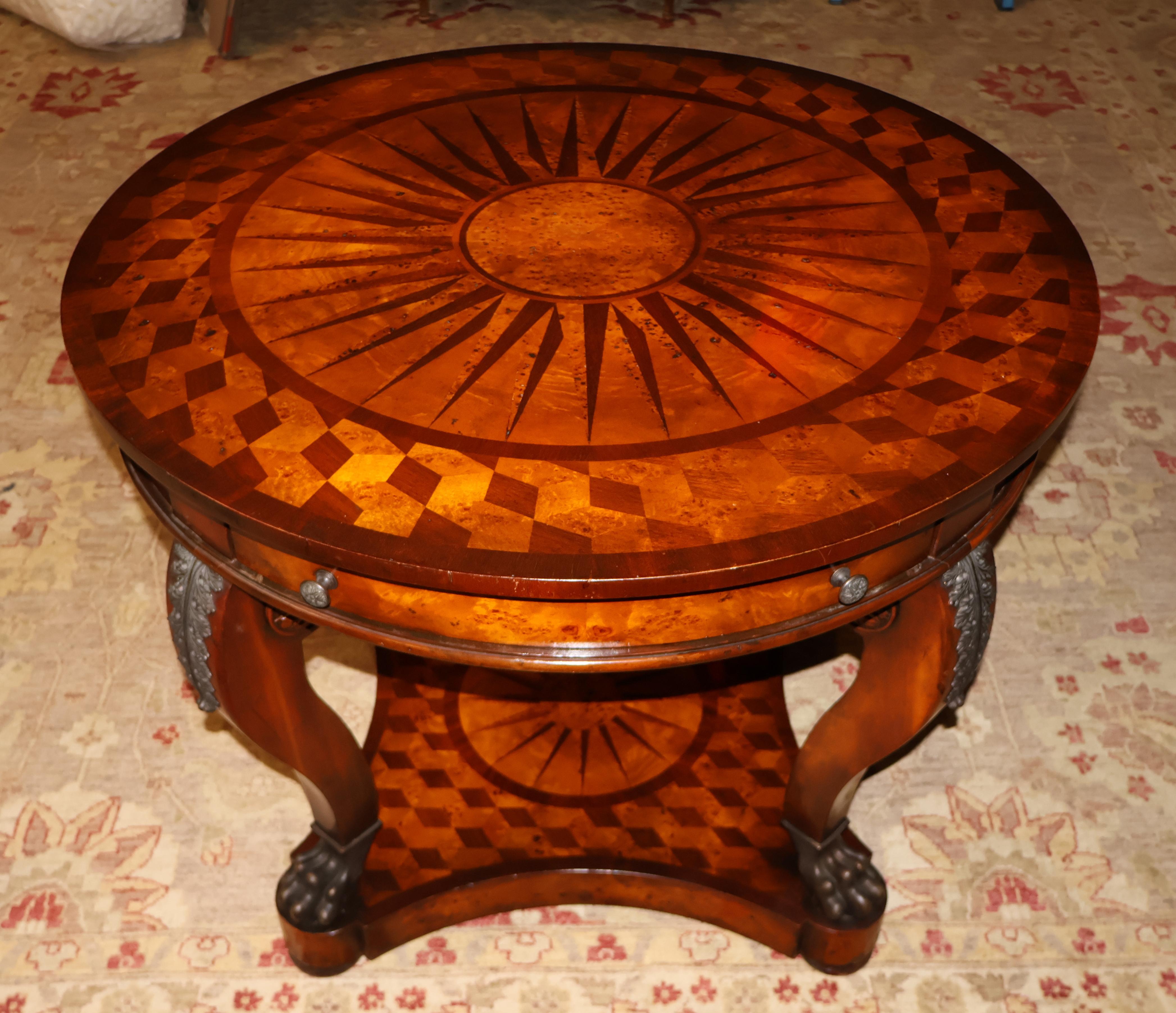 Chippendale Vintage Theodore Alexander Bronze Mounted Burled Walnut Inlaid Center Table