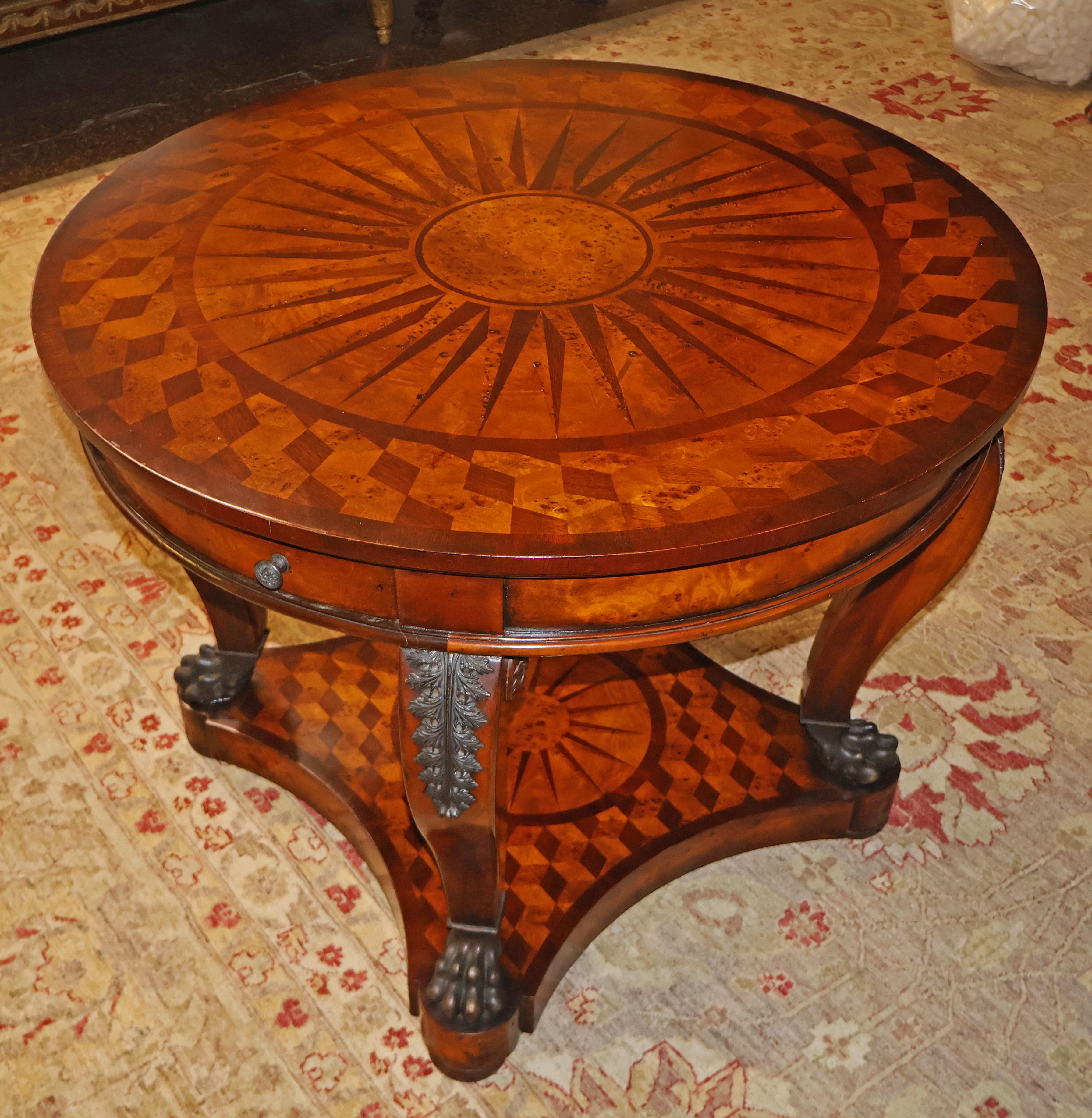 American Vintage Theodore Alexander Bronze Mounted Burled Walnut Inlaid Center Table