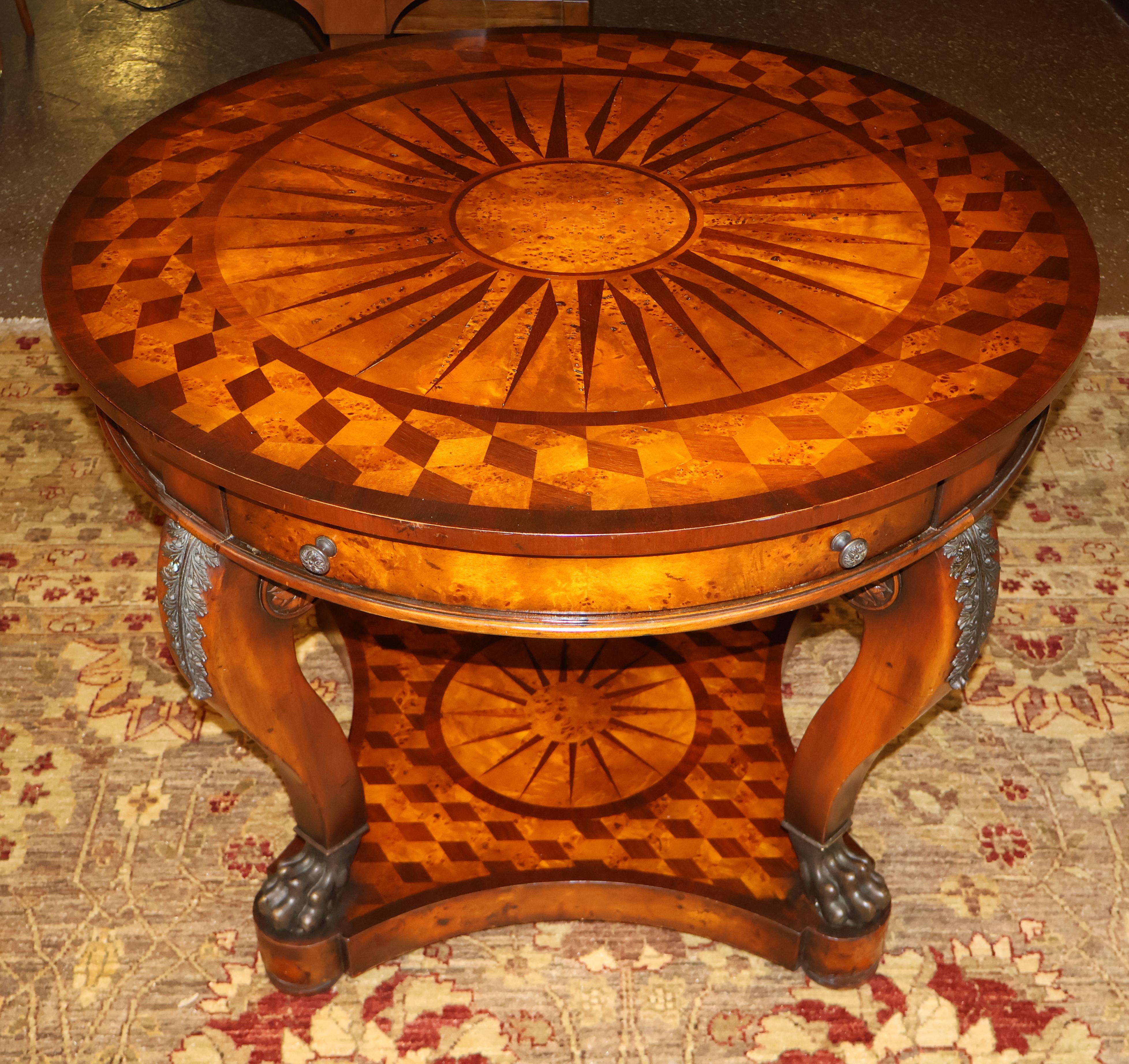 Vintage Theodore Alexander Bronze Mounted Burled Walnut Inlaid Center Table In Fair Condition For Sale In Long Branch, NJ