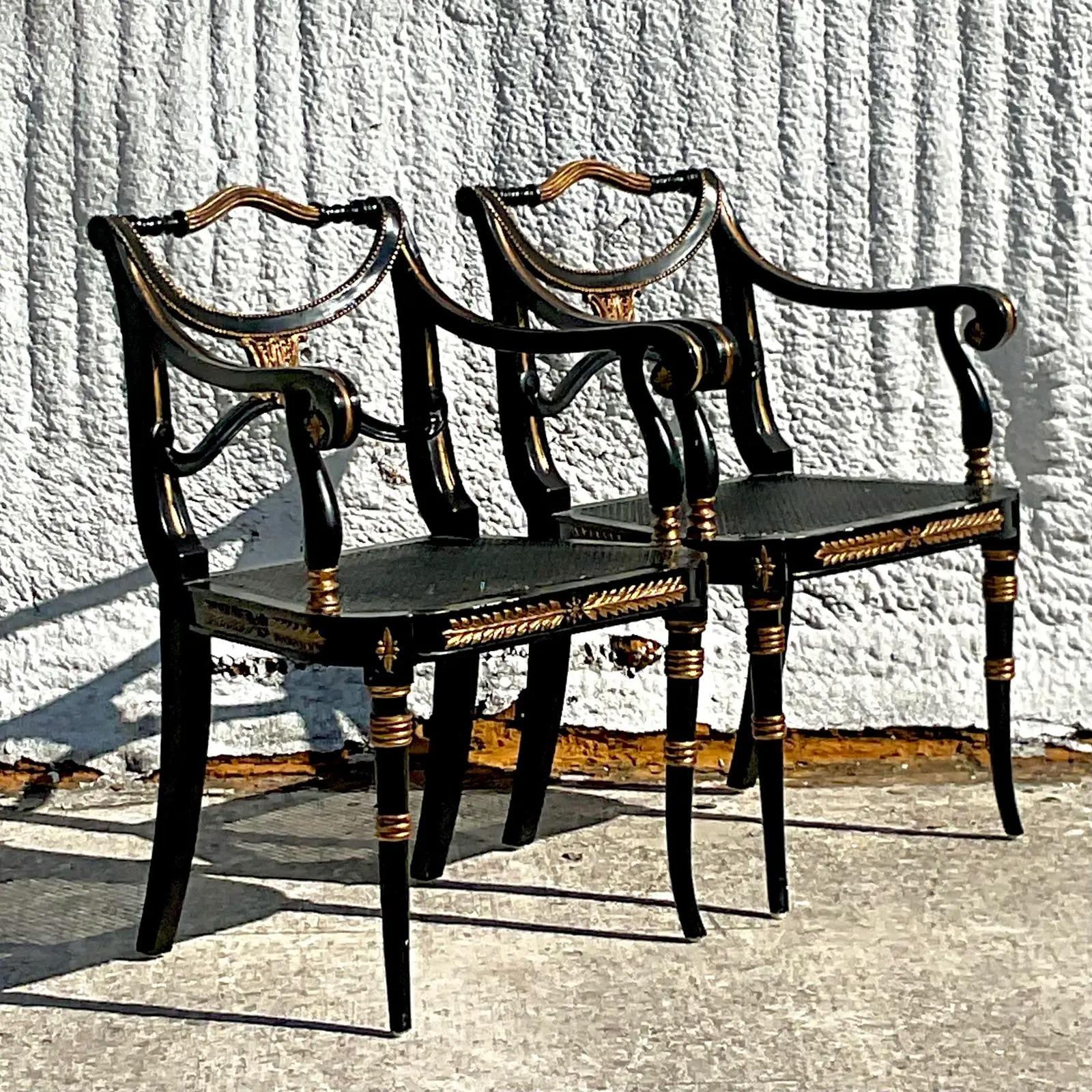 Regency Vintage Theodore Alexander Carved Gilt Arm Chairs, Pair