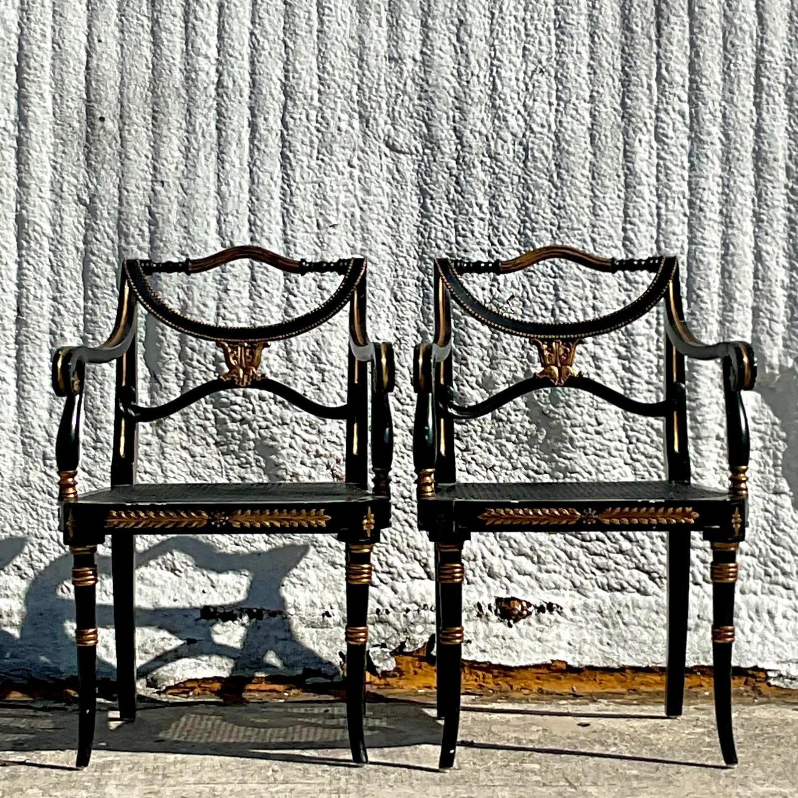 Vietnamese Vintage Theodore Alexander Carved Gilt Arm Chairs, Pair