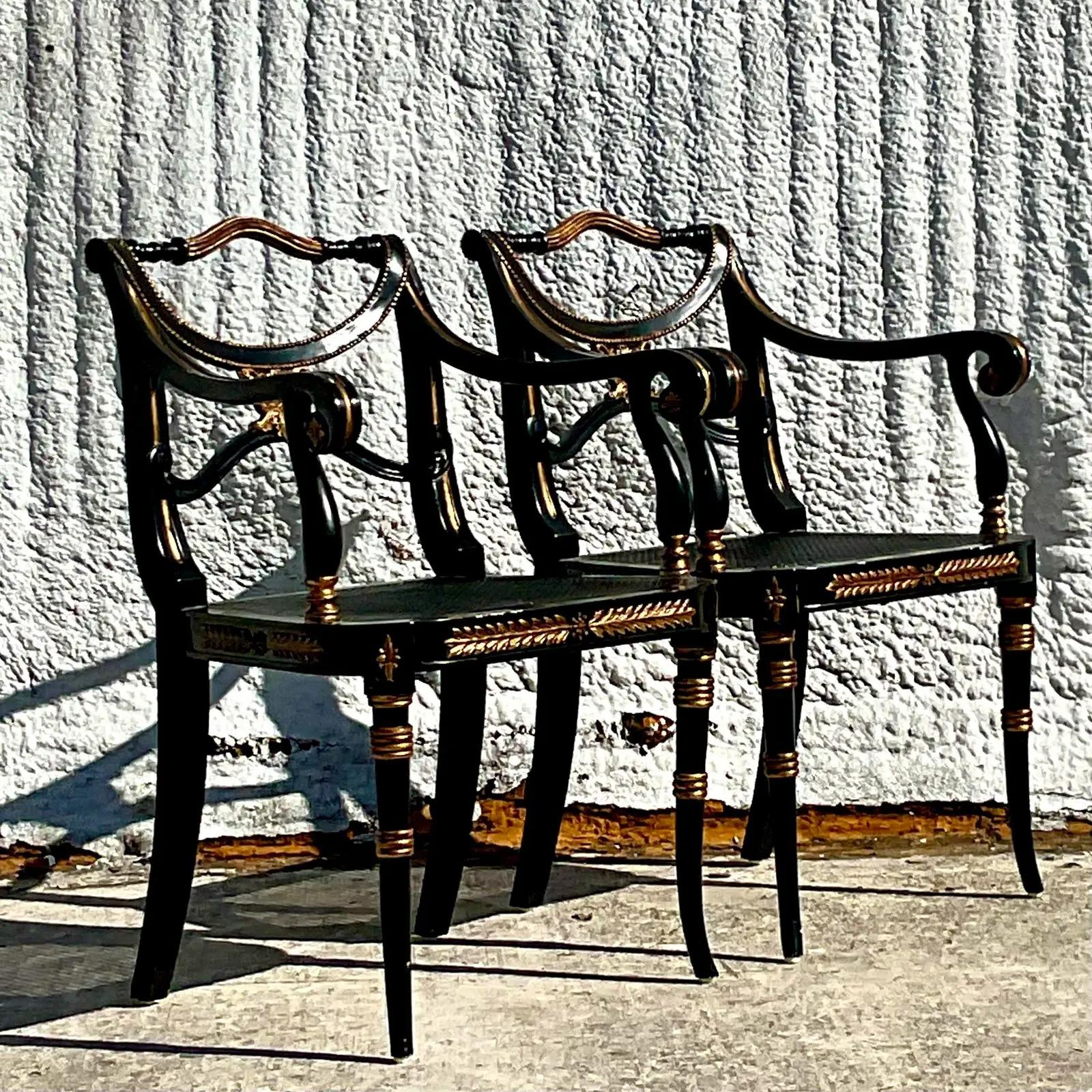 Vintage Theodore Alexander Carved Gilt Arm Chairs, Pair In Good Condition In west palm beach, FL