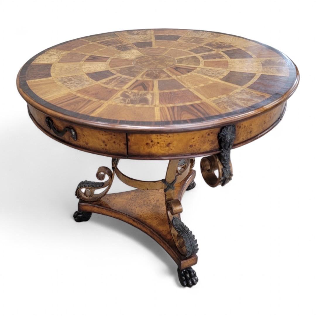 Classique américain Table vintage Theodore Alexander Caryatid Iron & Walnut Burl Round Drum Paw Foot en vente