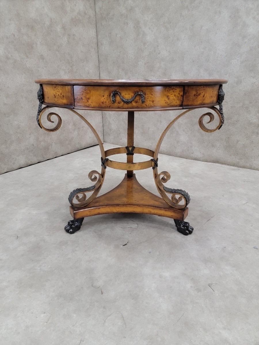 20ième siècle Table vintage Theodore Alexander Caryatid Iron & Walnut Burl Round Drum Paw Foot en vente