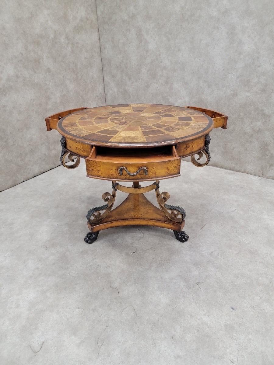 Table vintage Theodore Alexander Caryatid Iron & Walnut Burl Round Drum Paw Foot en vente 1