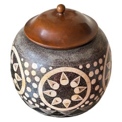 Vintage Theodore Alexander Contemporary Tribal Ceramic Pottery Pot w/Wood Lid