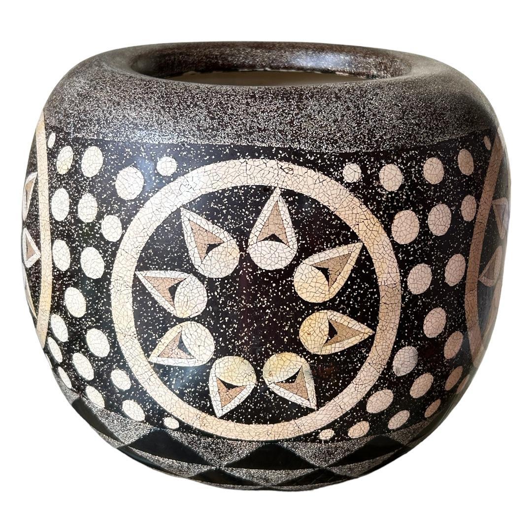 Vietnamese Vintage Theodore Alexander Contemporary Tribal Ceramic Pottery Pot w/Wood Lid For Sale